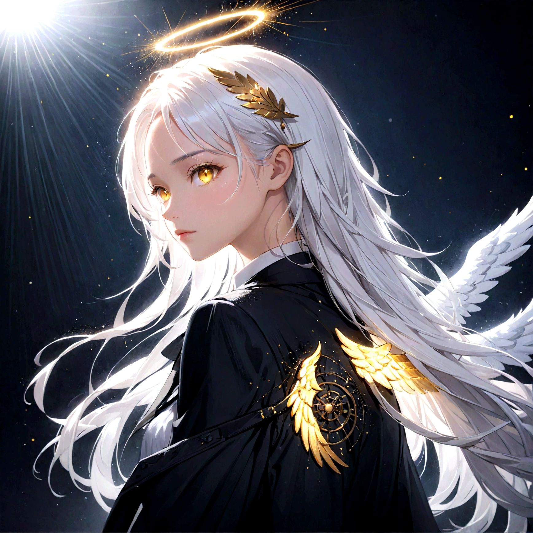 portrait woman, half body shot,,(masterpiece, best quality:1.3), (ultra-detailed:1.3), 1girl, solo, (white hair, messy hair, long hair), (angel wings, angel halo), flat chest, yellow eyes, (white shirt, black necktie, black coat, open coat), cowboy shot, cinematic lighting, (((glowing light particles))), (arms behind back), dynamic angle, chinese style
