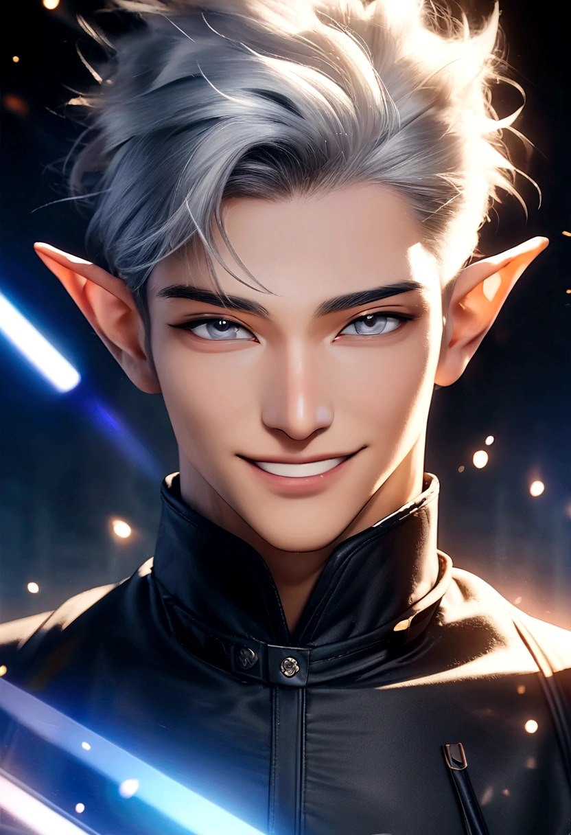 (Artwork, very high quality photo, CGI effect, lighting effect, shading effect), a male elf, bright gray eyes, short platinum hair, (exclusive image of the character's face only), (A confident smile on his face , Looking at the viewer)