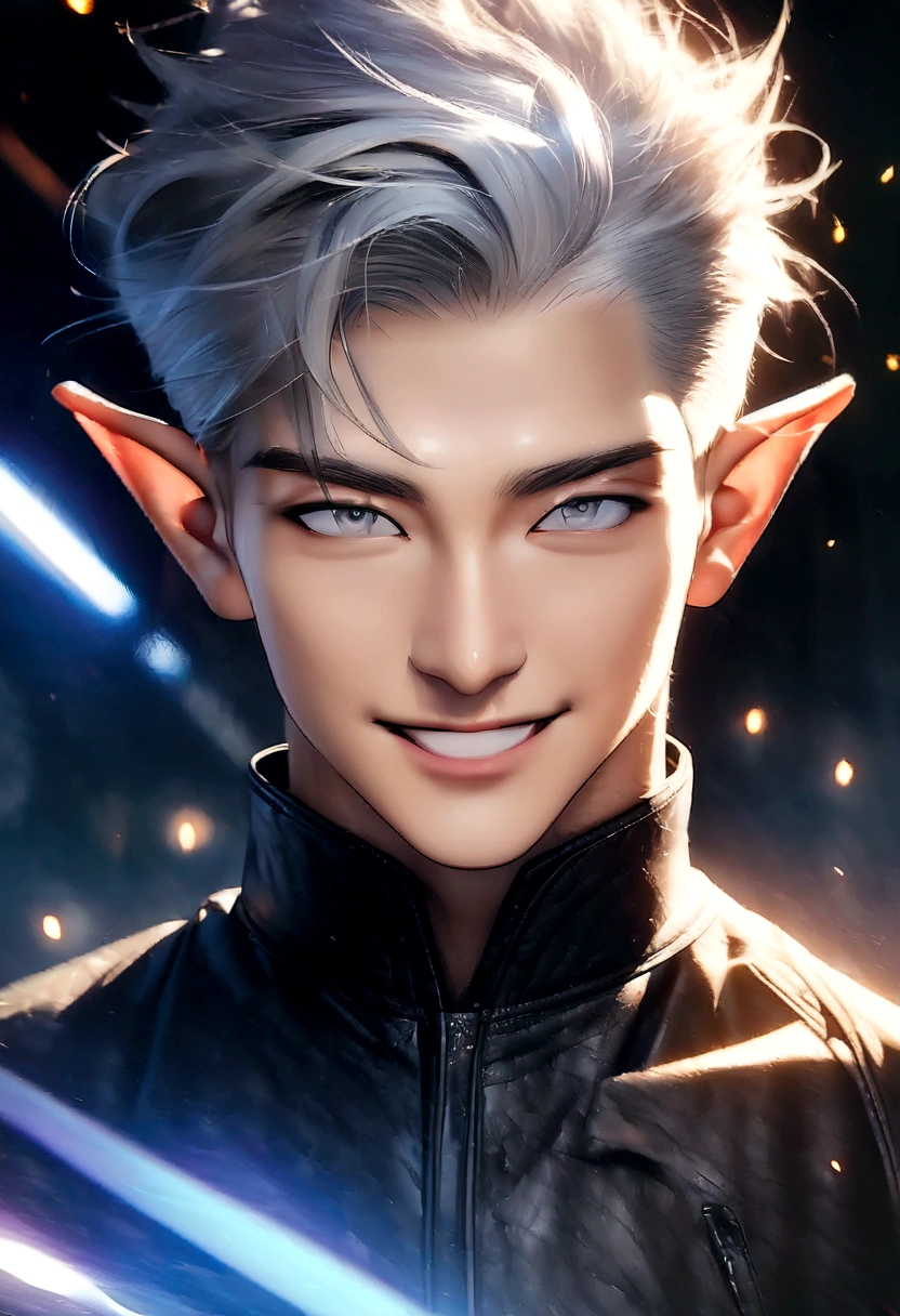 (Artwork, very high quality photo, CGI effect, lighting effect, shading effect), a male elf, bright gray eyes, short platinum hair, (exclusive image of the character's face only), (A confident smile on his face , Looking at the viewer)