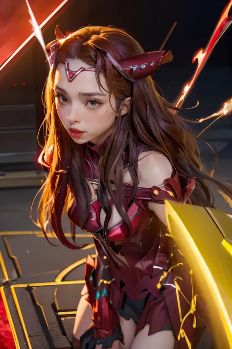 8K, Dark_Fantasy, (Scarlet Witch, Yellow: 1.5), Angel Face, 1 Person, Standing Full Figure, Mechanical Marvel, Robot Presence