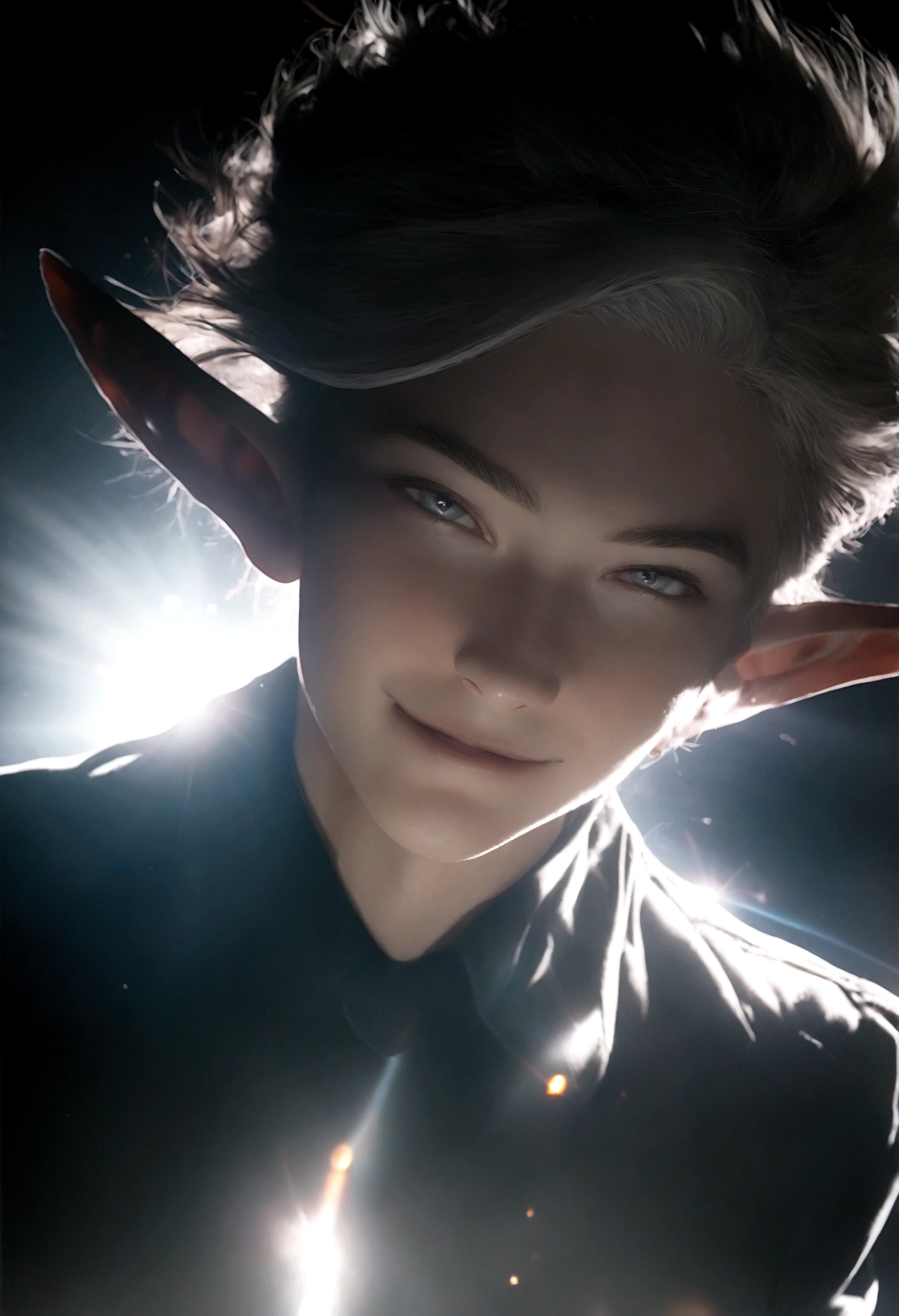 (Artwork, very high quality photo, CGI effect, lighting effect, shading effect), a male elf, bright gray eyes, short platinum hair, (exclusive image of the character's face only), (A confident smile on his face , Looking at the viewer)