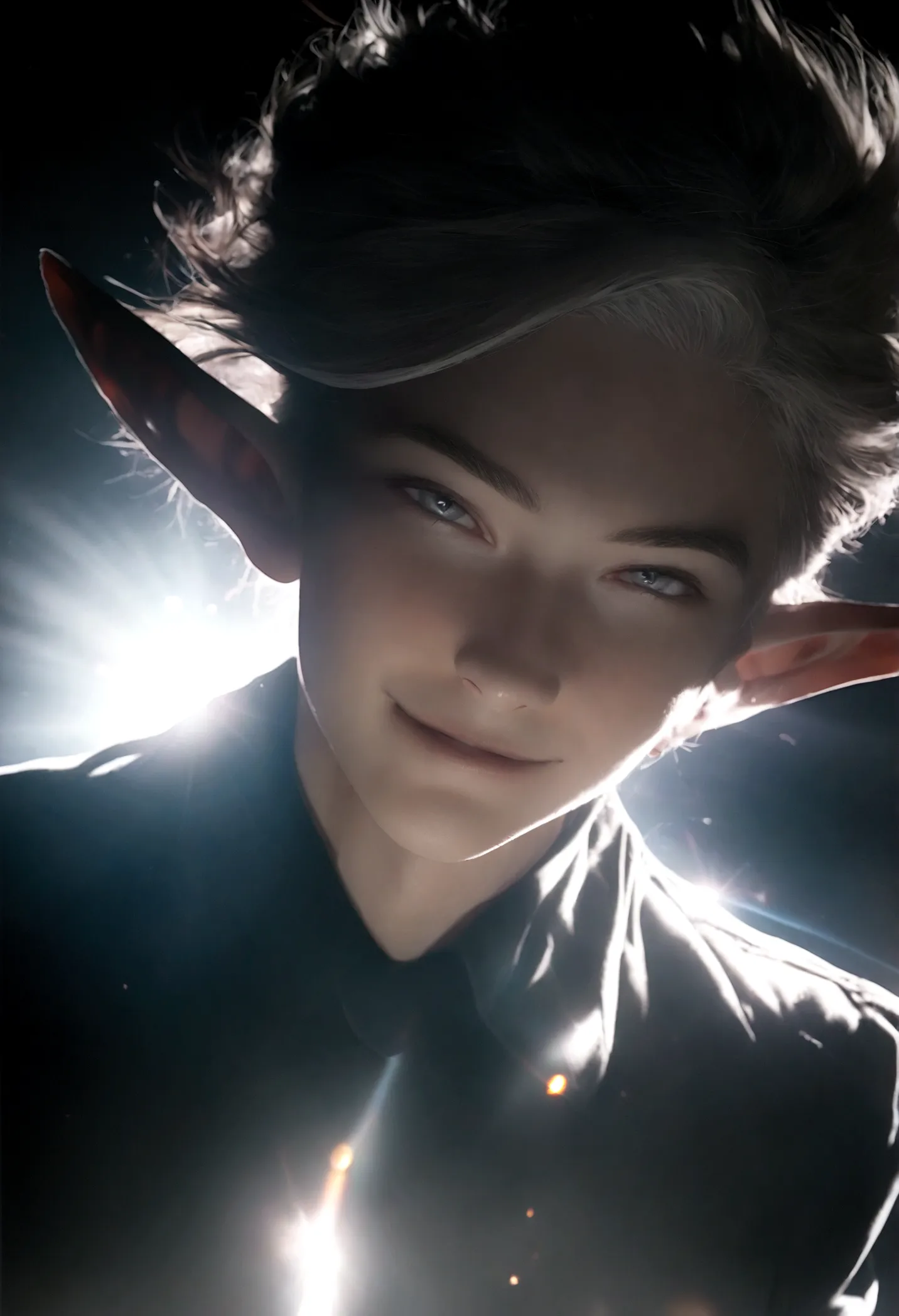 (artwork, very high quality photo, cgi effect, lighting effect, shading effect), a male elf, bright gray eyes, short platinum ha...