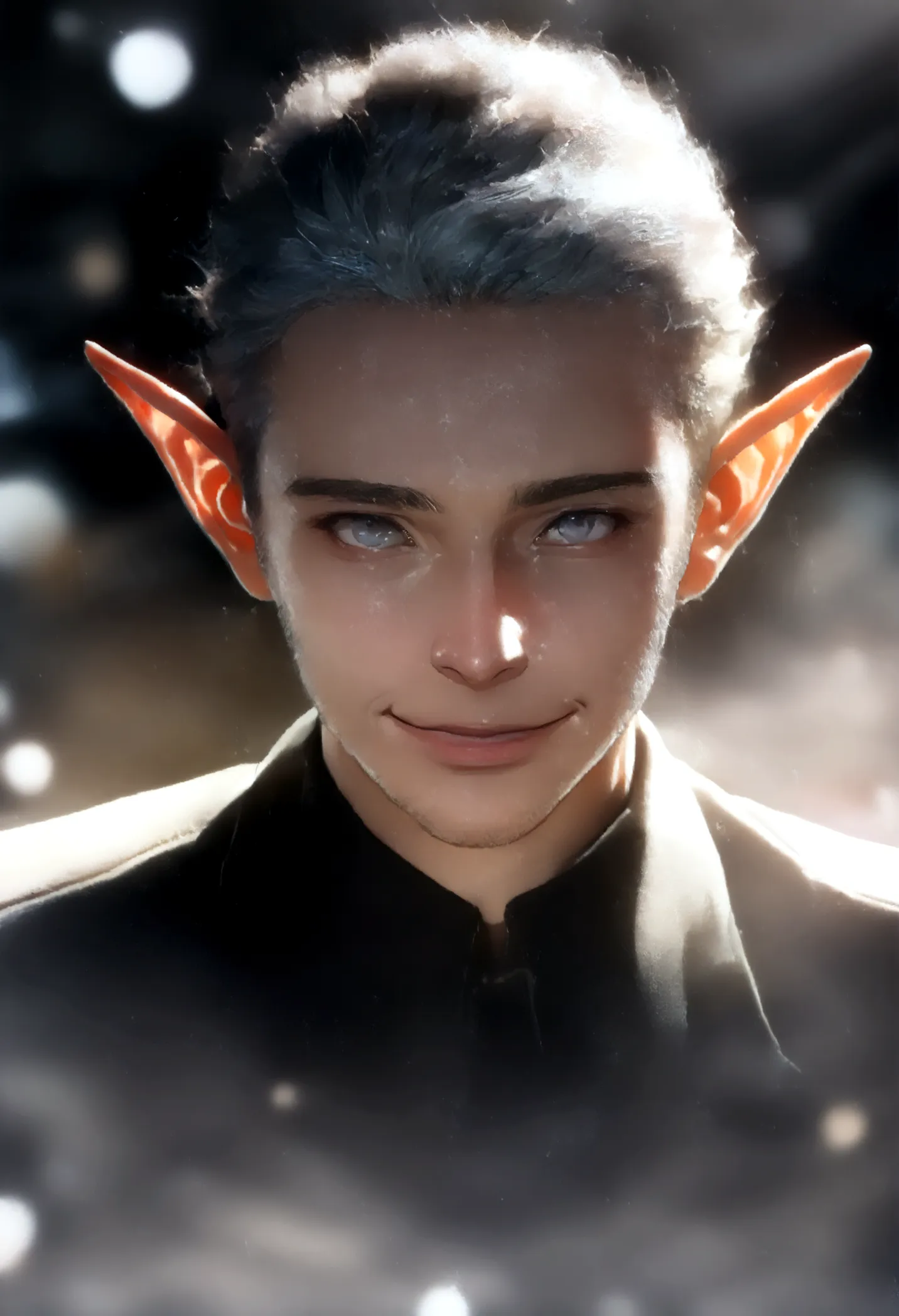 (artwork, very high quality photo, cgi effect, lighting effect, shading effect), a male elf, bright gray eyes, short platinum ha...