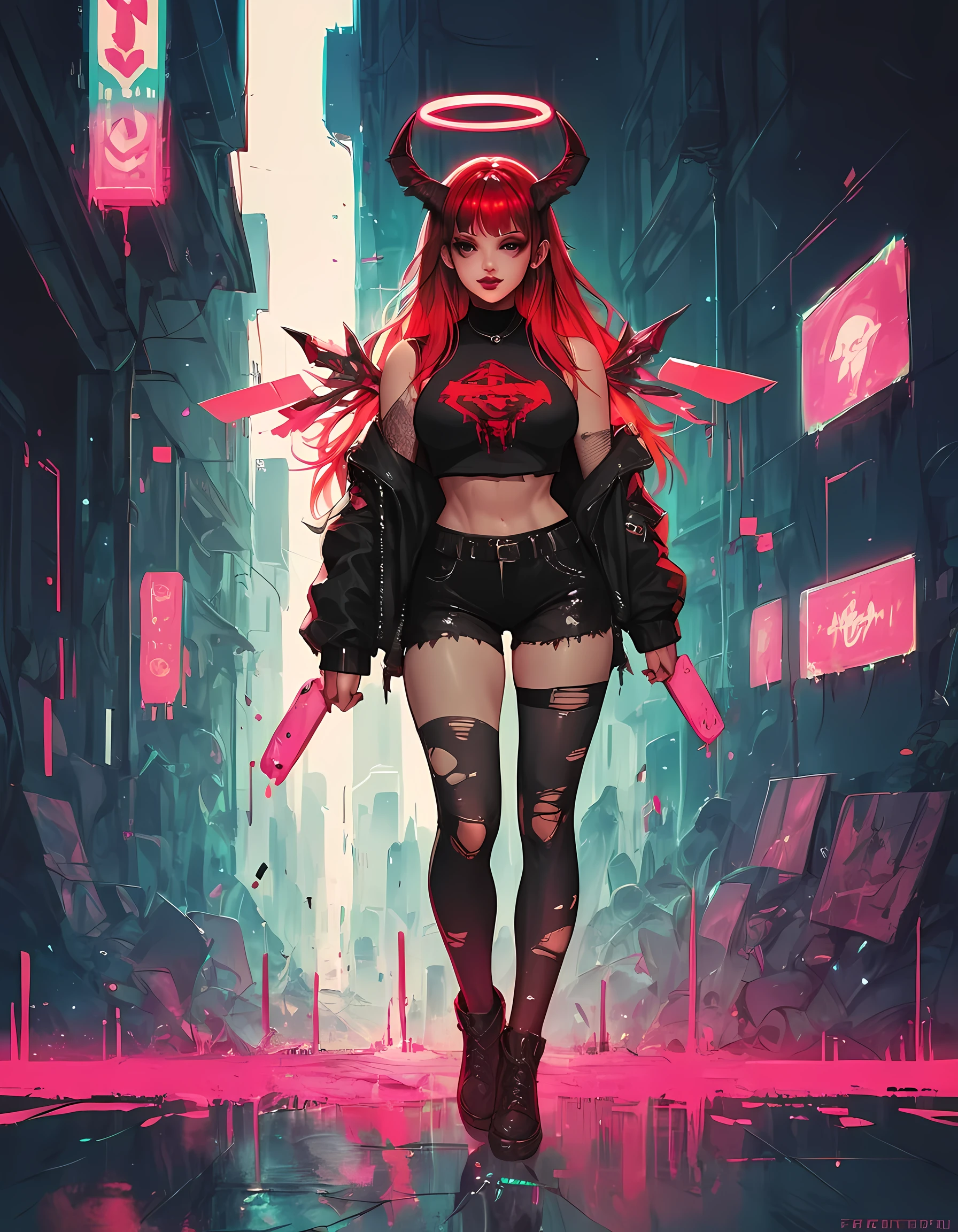 score_9. score_8_up, score_7_up, score_6_up, score_5_up, score_4_up, 1girl, red hair, curvy, gothic, g0th1cPXL, glowing, full body, city, neon, fishnets, cyberwings, (glitch:1.2), torn clothes, horns, halo, 