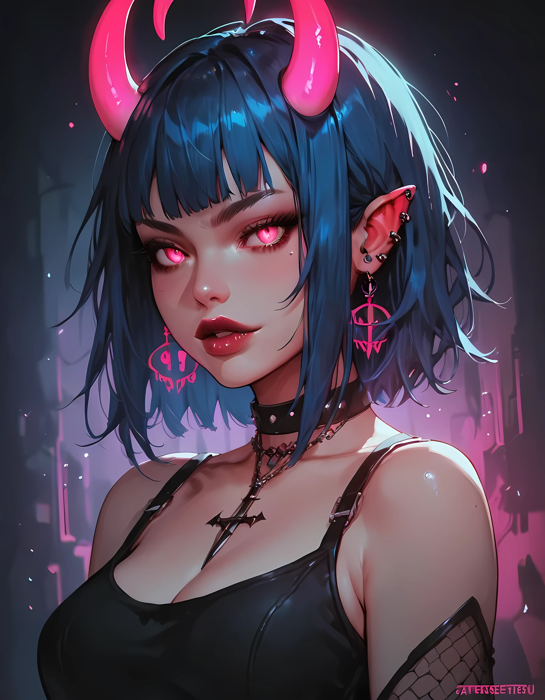 score_9. score_8_up, score_7_up, score_6_up, score_5_up, score_4_up, 1girl, blue hair, curvy, gothic, g0th1cPXL, glowing, neon, devil 