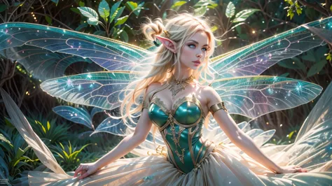 beautiful faerie woman, elf ear, flying, centered holographic dragonfly wings, glowing blue eyes, detailed proportional hand, pr...