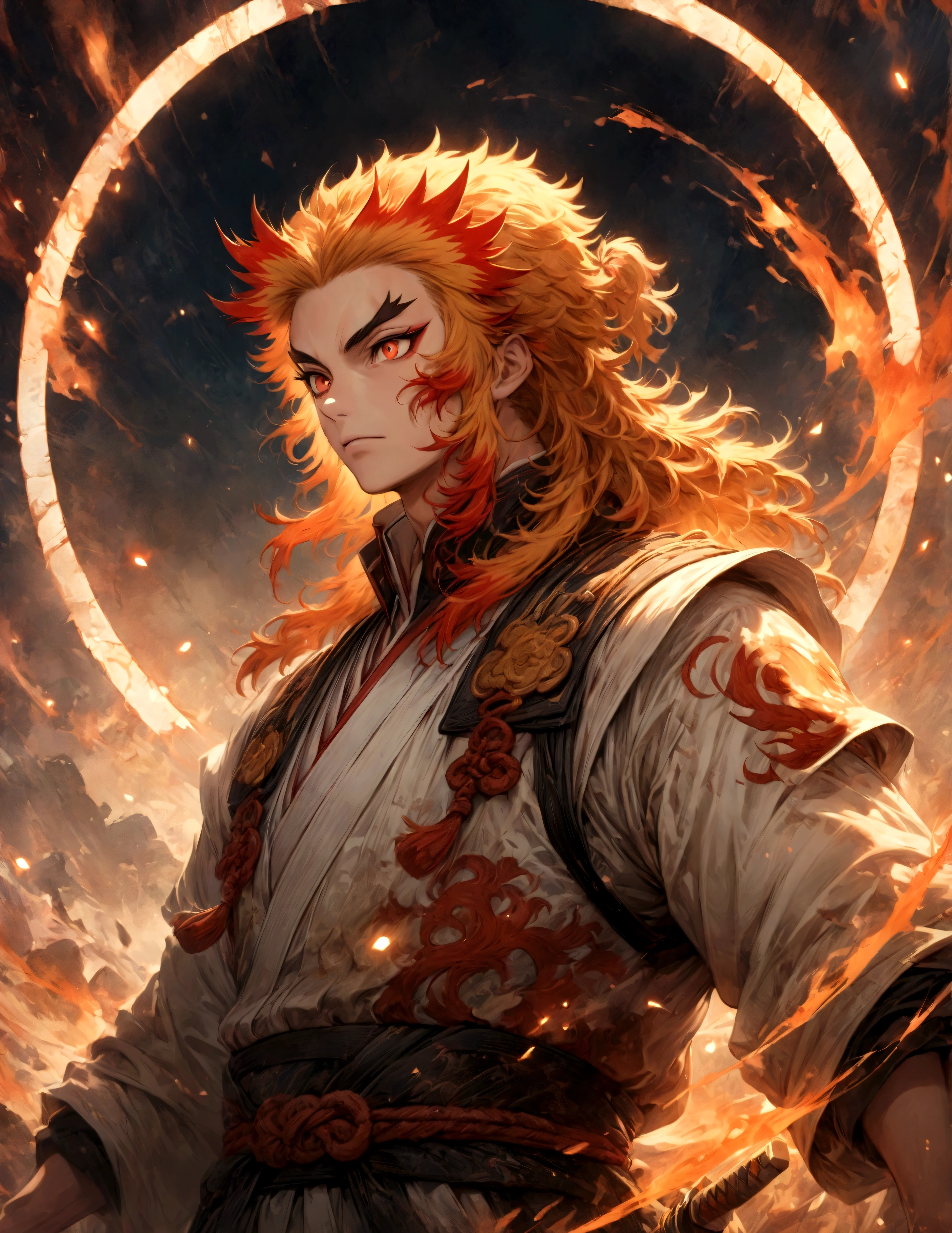 (1 male,Rengoku Kyojuro,Yellow and orange hair),solo,comics『Demon slayer』Characters in,,Battle Style,Inflammation effects,Staring straight ahead,Coming towards the front,Moderate dirt,Japan have a sword,Digital Art,An illustration,Intricate details,Intricate details,Wide range of colors,artwork,rendering,,(highest quality:1.4),(Very detailed:1.5),High resolution,Very detailed,unity 8k wallpaper,Draw artistic background,Disorganized,inflammation,BREAK,Japanese swords are straight and have a metallic luster.,Please hold the Japanese sword by the handle