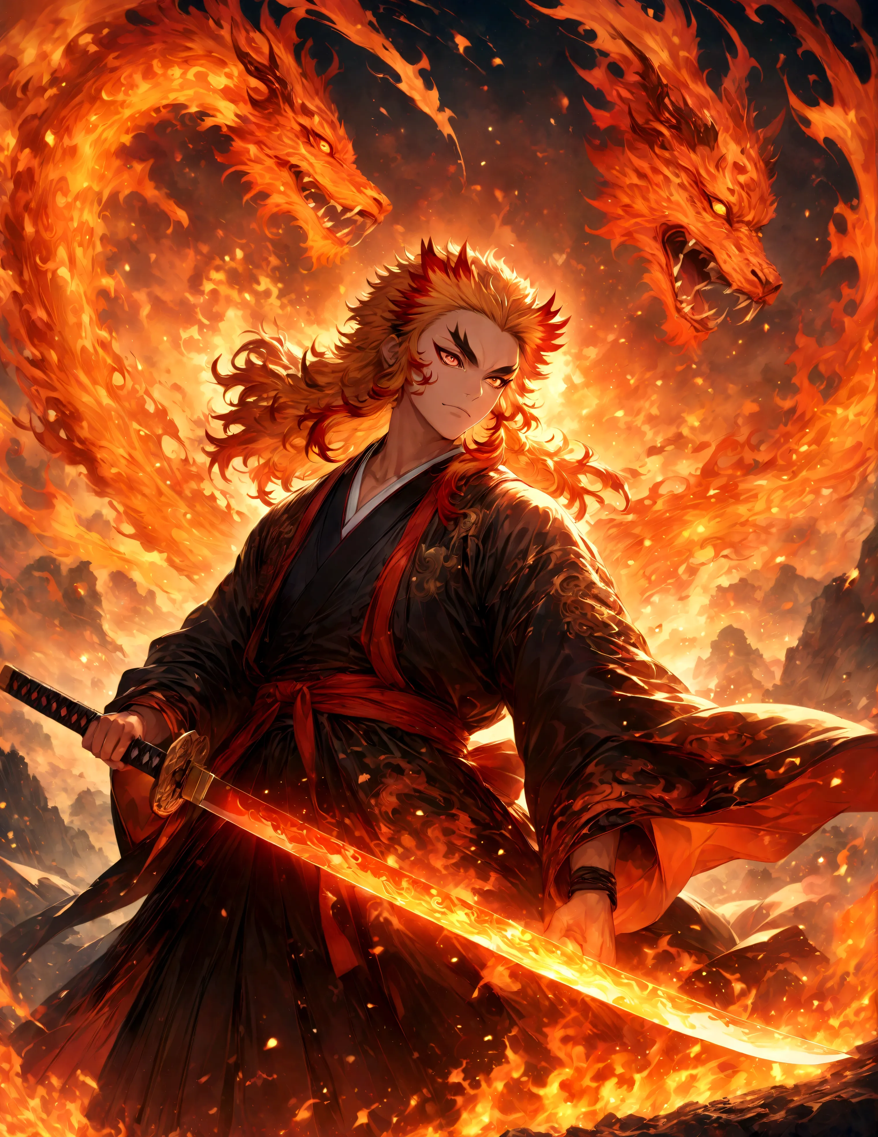 (1 male,Rengoku Kyojuro,Yellow and orange hair),solo,comics『Demon slayer』Characters in,,Battle Style,Fire effect,Staring straigh...