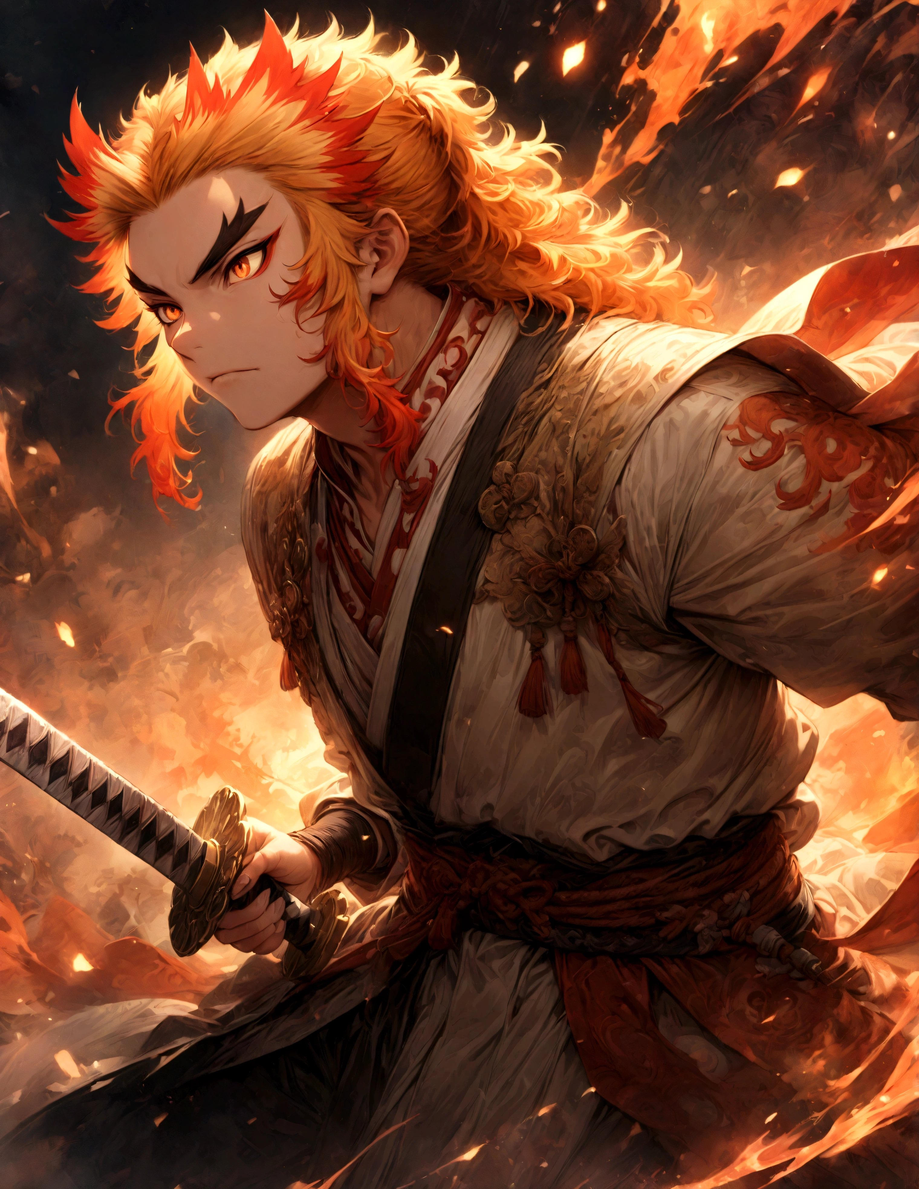 (1 male,Rengoku Kyojuro,Cabello amarillo y naranja),solo,historietas『Asesino de demonios』Personajes en,,Estilo de batalla,Efectos de la inflamación,Mirando al frente,Viniendo hacia el frente,Suciedad moderada,japon tiene una espada,arte digital,Una ilustración,detalles intrincados,detalles intrincados,amplia gama de colores,obra de arte,representación,,(de la máxima calidad:1.4),(Muy detallado:1.5),Alta resolución,Muy detallado,fondo de pantalla de unidad 8k,Dibujar fondo artístico,,inflamación,BREAK,Las espadas japonesas son rectas y tienen un brillo metálico..,Por favor sostenga la espada japonesa por el mango.