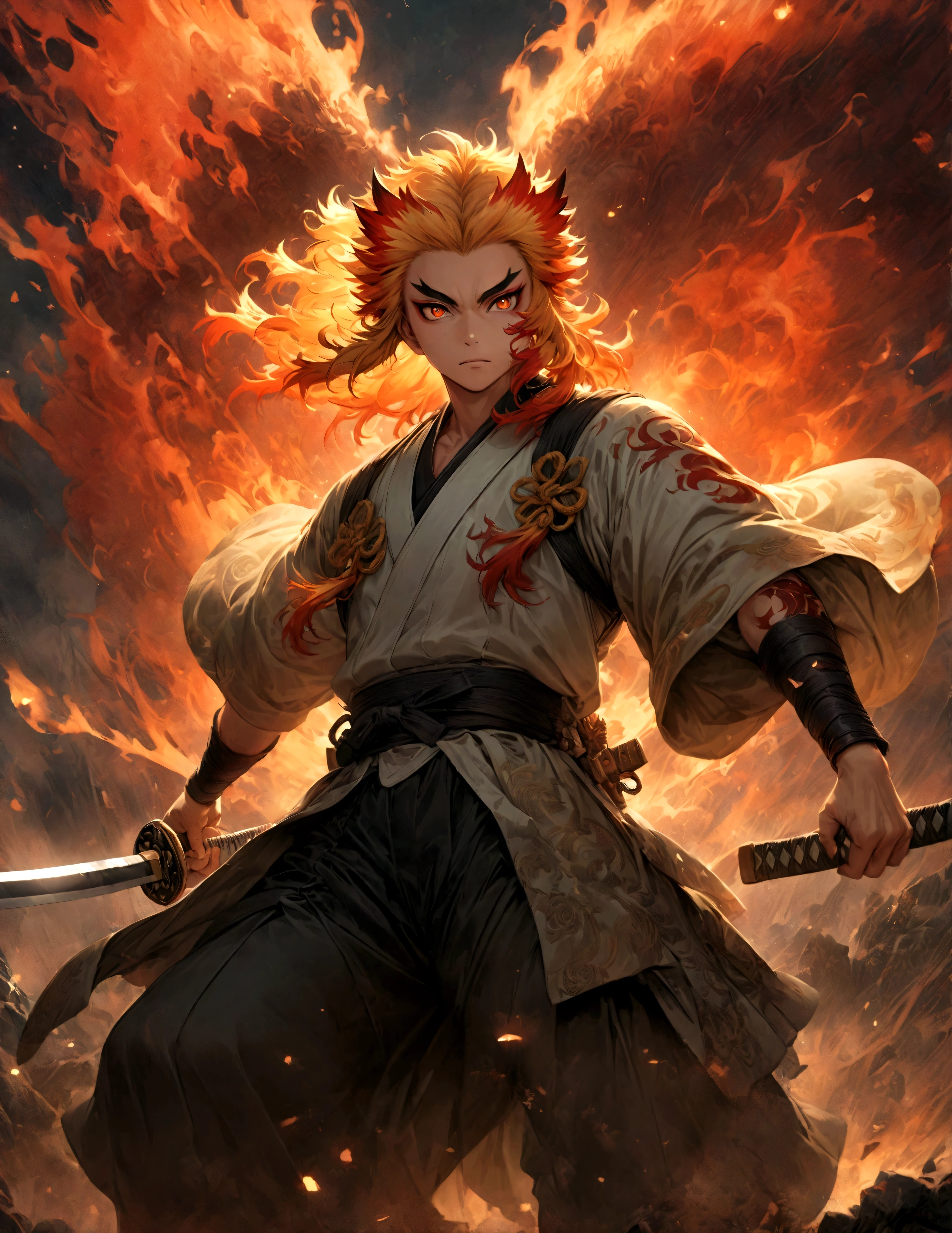 (1 male,Rengoku Kyojuro,Yellow and orange hair),solo,comics『Demon slayer』Characters in,,Battle Style,Inflammation effects,Staring straight ahead,Coming towards the front,Moderate dirt,Japan have a sword,Digital Art,An illustration,Intricate details,Intricate details,Wide range of colors,artwork,rendering,,(highest quality:1.4),(Very detailed:1.5),High resolution,Very detailed,unity 8k wallpaper,Draw artistic background,,inflammation,BREAK,Japanese swords are straight and have a metallic luster.,Please hold the Japanese sword by the handle