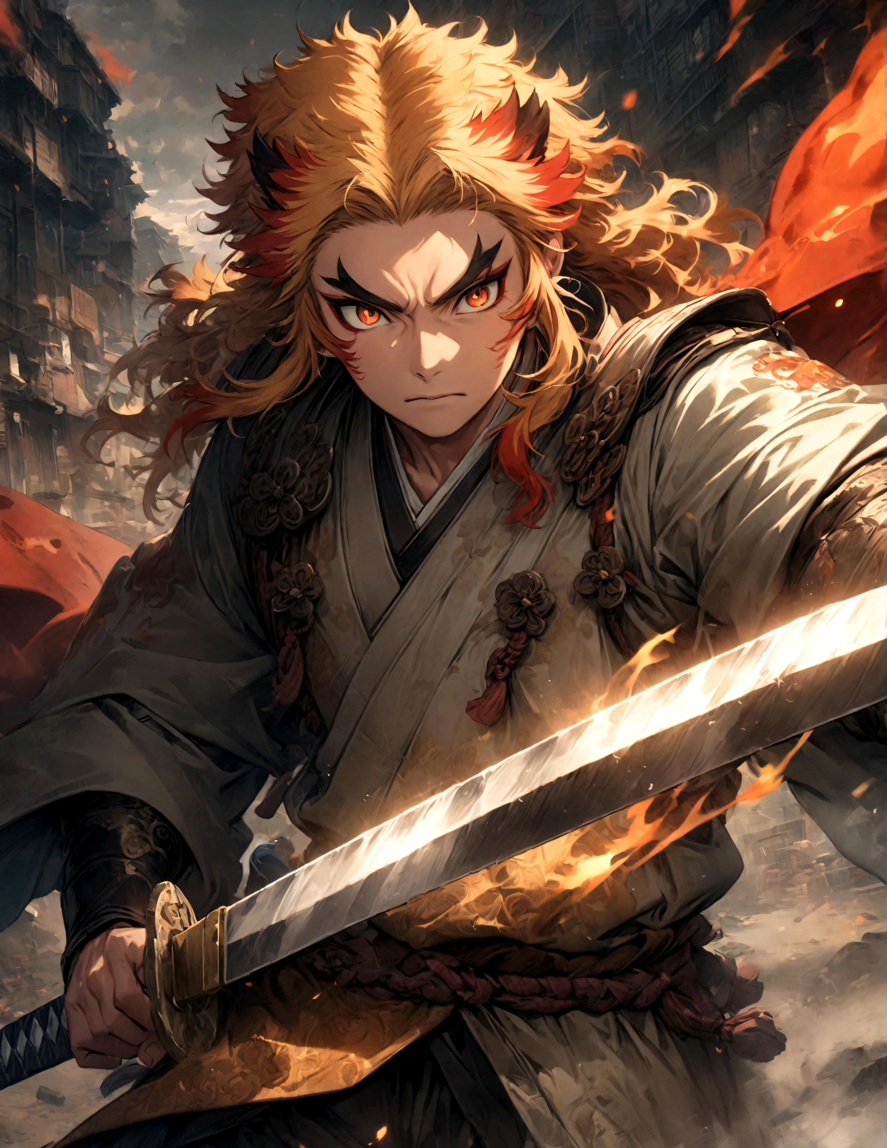 (1 male,Rengoku Kyojuro,Yellow and orange hair),solo,comics『Demon slayer』Characters in,,Battle Style,Inflammation effects,Staring straight ahead,Coming towards the front,Moderate dirt,Japan have a sword,Digital Art,An illustration,Intricate details,Intricate details,Wide range of colors,artwork,rendering,,(highest quality:1.4),(Very detailed:1.5),High resolution,Very detailed,unity 8k wallpaper,Draw artistic background,,inflammation,BREAK,Japanese swords are straight and have a metallic luster.,Please hold the Japanese sword by the handle