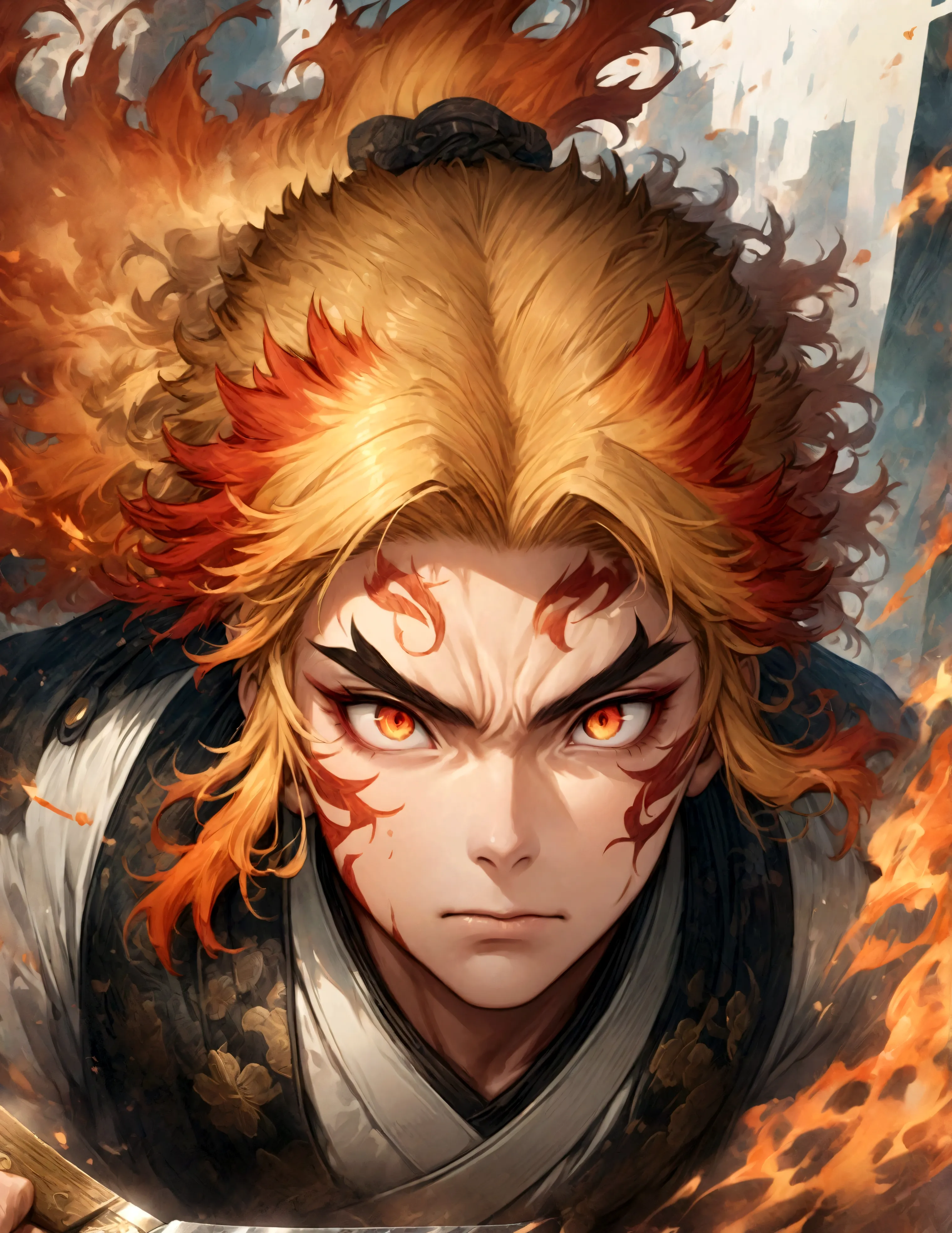 (1 male,Rengoku Kyojuro,Yellow and orange hair),solo,comics『Demon slayer』Characters in,,Battle Style,Inflammation effects,Starin...
