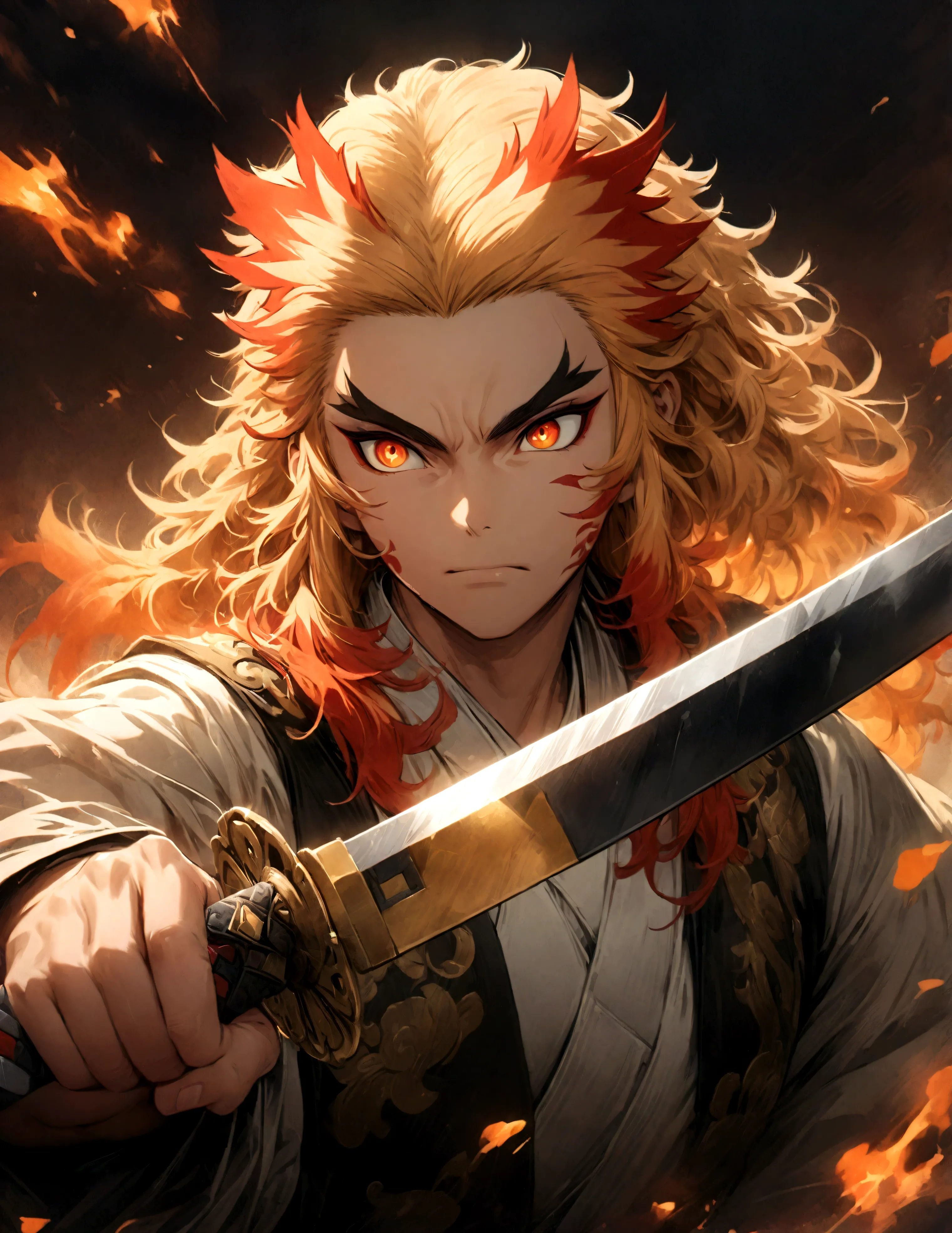 (1 male,Rengoku Kyojuro,Yellow and orange hair),solo,comics『Demon slayer』Characters in,,Battle Style,Inflammation effects,Starin...