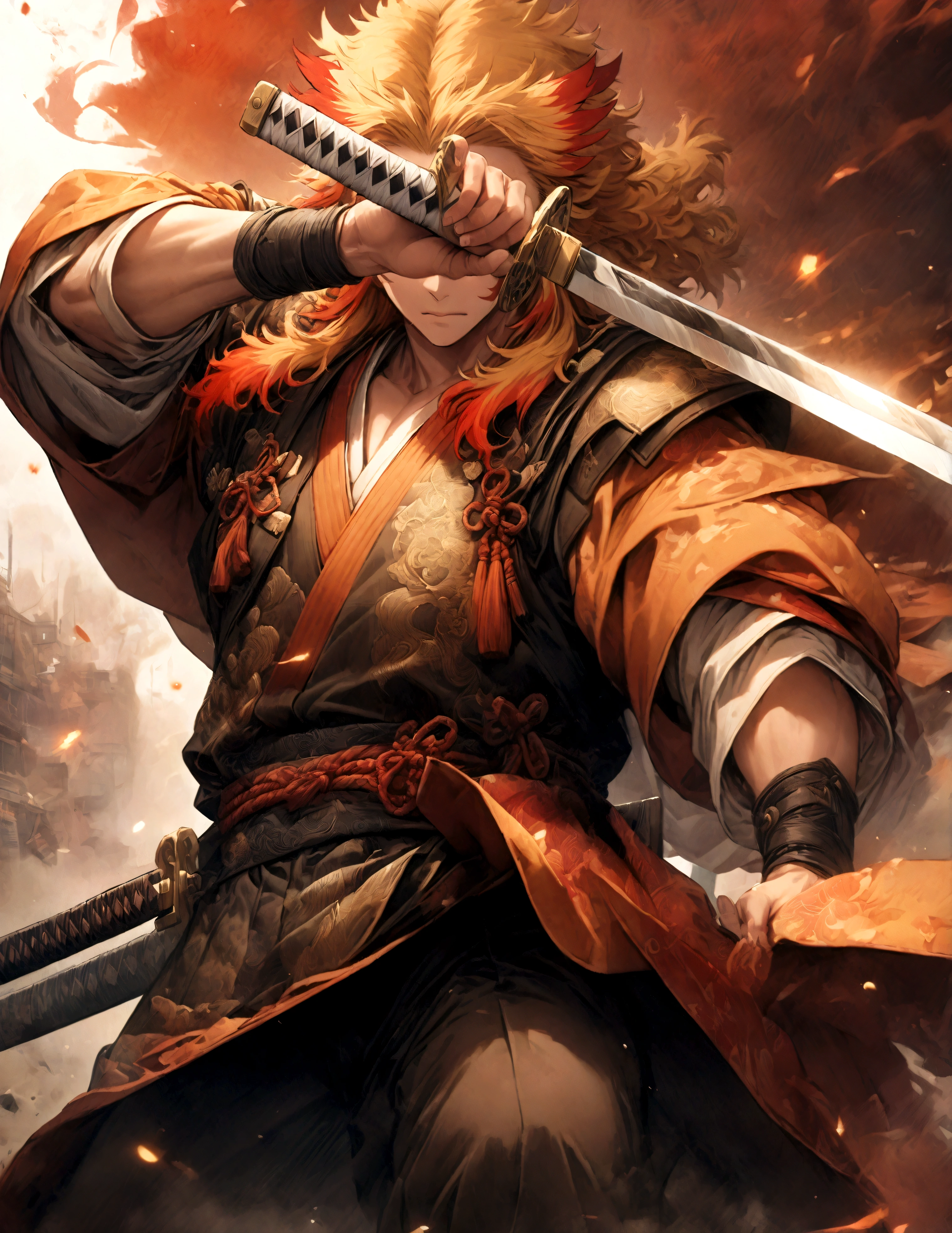 (1 male,Rengoku Kyojuro,Yellow and orange hair),solo,comics『Demon slayer』Characters in,,Battle Style,Inflammation effects,Staring straight ahead,Coming towards the front,Moderate dirt,Japan have a sword,Digital Art,An illustration,Intricate details,Intricate details,Wide range of colors,artwork,rendering,,(highest quality:1.4),(Very detailed:1.5),High resolution,Very detailed,unity 8k wallpaper,Draw artistic background,,inflammation,BREAK,Japanese swords are straight and have a metallic luster.,Please hold the Japanese sword by the handle