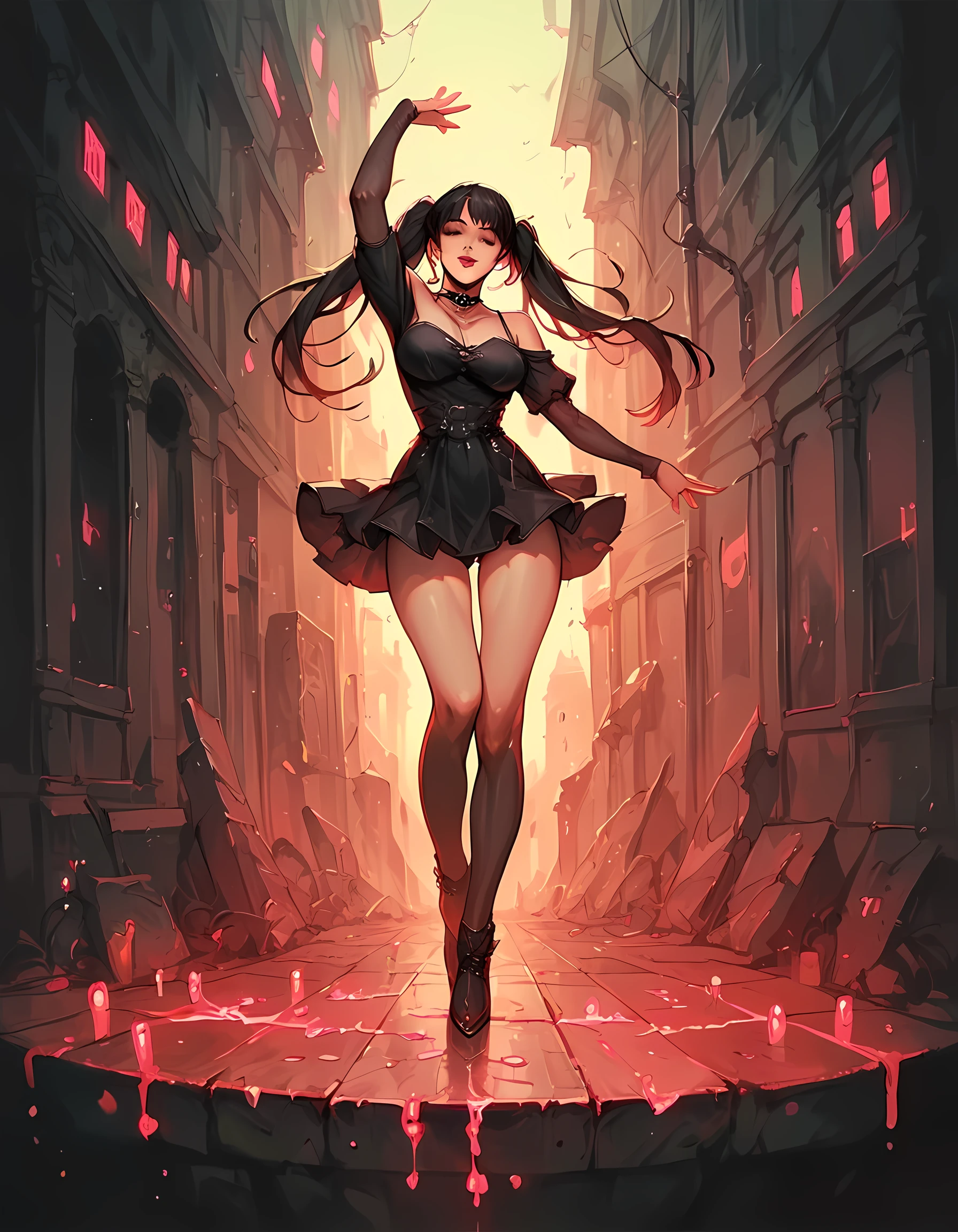 score_9. score_8_up, score_7_up, score_6_up, score_5_up, score_4_up, 1girl, long hair, black hair, large breast, curvy, gothic, choker, g0th1cPXL, glowing, full body, city, neon, twintails, dancing, 