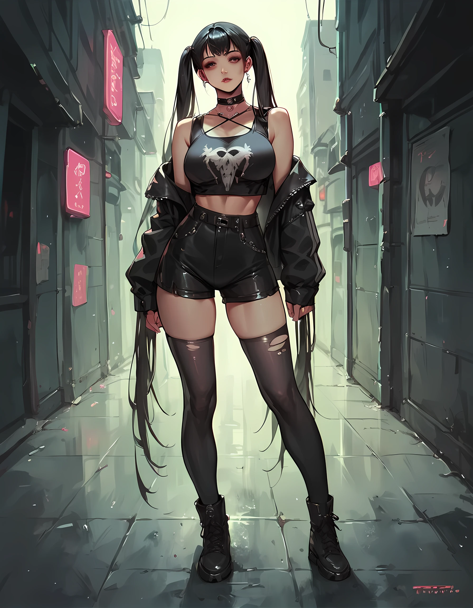 score_9. score_8_up, score_7_up, score_6_up, score_5_up, score_4_up, 1girl, long hair, black hair, large breast, curvy, gothic, choker, g0th1cPXL, glowing, full body, city, neon, twintails, 