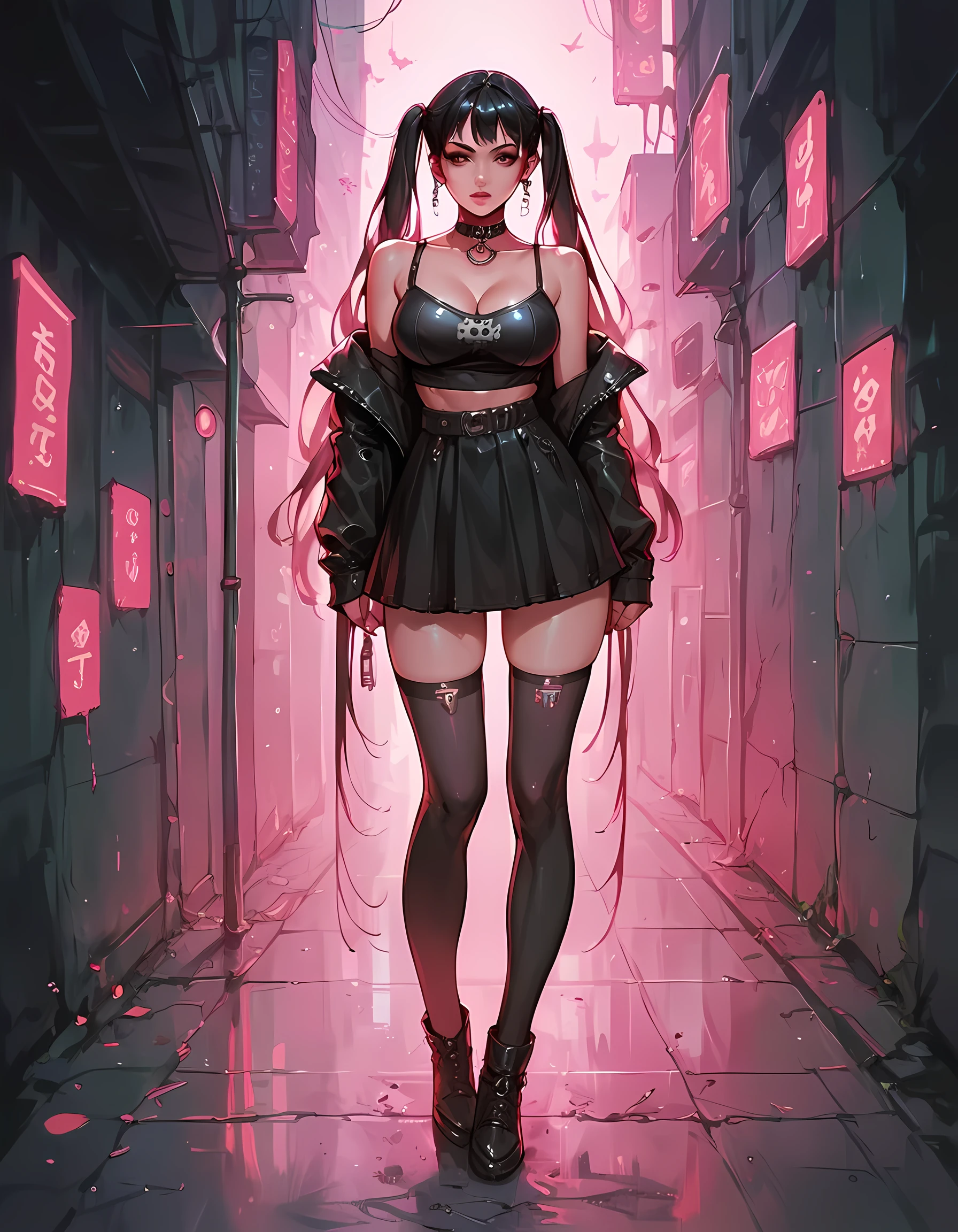 score_9. score_8_up, score_7_up, score_6_up, score_5_up, score_4_up, 1girl, long hair, black hair, large breast, curvy, gothic, choker, g0th1cPXL, glowing, full body, city, neon, twintails, 