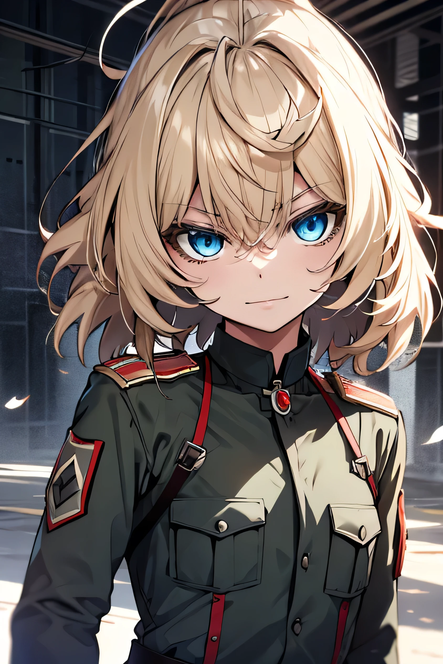 (Masterpiece, Best quality: 1.1), 1girl Single, I ask, 1girl, Single, , Flat chest, Medium breasts , winding, army , army uniform, ,, Slight smile , Evil expression , Blue eyes , Neutral lighting