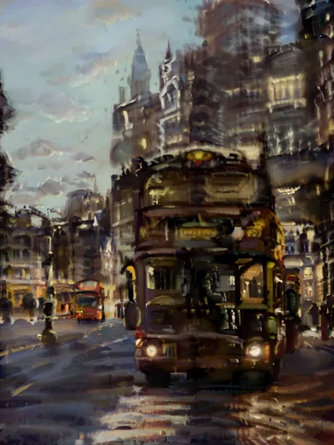 arafed double decker bus on a city street at dusk, london bus, london, london streets in background, in london, buses, the fabul...