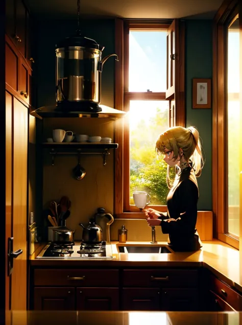 Cozy morning kitchen with sunlight streaming in A person is holding two stunning golden coffee mugs