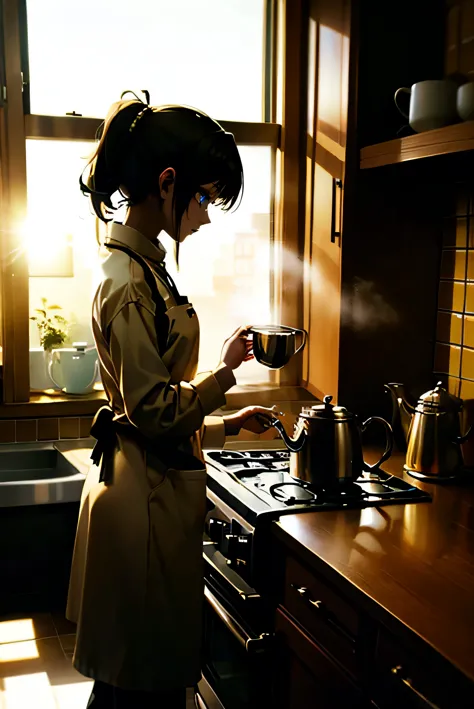 Cozy morning kitchen with sunlight streaming in A person is holding two stunning golden coffee mugs