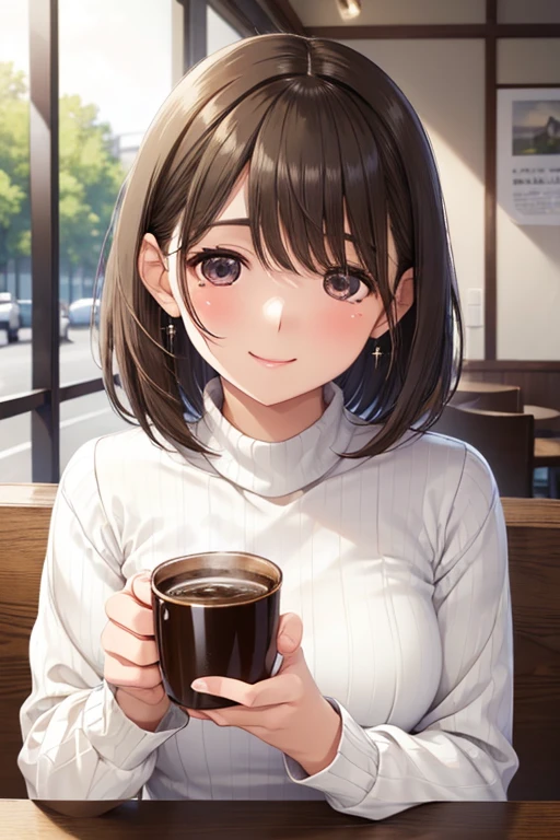 Super detailed, ((Drop your eyes, Charm, cute)), 

anegasaki nene、Shiny brown hair, short hair, Beautiful brown eyes、smile、Sparkling eyes, (Fine grain)、Super detailedな目、Highly detailed face, Highly detailed eyes,
 Upper Body, Long sleeve ribbed sweater, Drinking coffee at a coffee shop、from the front, short hair