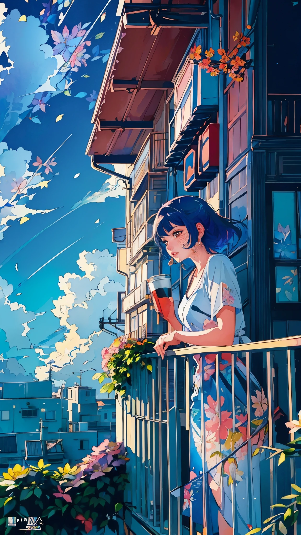 uma garota parada na sacada com uma xícara de café, sociedade cg 9, relaxe, Alena Aenami e Artgerm, Makoto Shinkai e artgerm, estética da garota lofi, cenário de anime, Makoto Shinkai e (Caim Kuga), estética lofi, paisagem de anime, Natureza dos animes, Fundo do telhado, Papel de parede de anime, (pintura floral em aquarela:1.5)，(saturação super alta, cores brilhantes e vivas:1.5), (NSFW), (Olhe para o público de frente:1.5)
 