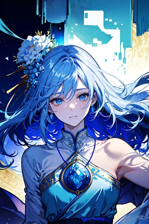 She wears a crown of golden silk threads over her icy blue hair., male性、male、gentleman, Good face, blue crystal pendant necklace...