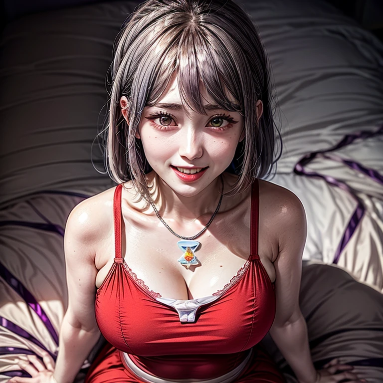 (Acutance:0.85),(Extremely Detailed:1.35, RAW photo-realistic:1.37), (closeup portrait), (1girl wearing Red tube-top dress), ((From above)), (presenting panties), Holding White panties with hands, Studio gray background, White bed, Red ribbon . (((NOGIZAKA face)))  Extremely Detailed KAWAII face variations, perfect anatomy, captivating gaze, elaborate detailed Eyes with (sparkling highlights:1.2), long eyelashes、Glossy RED Lips with beautiful details, Coquettish tongue, Rosy cheeks . { (Dynamic joyful expressions) | :d) } . Radiant natural skin with clear transparency, (looking at camera), smelling panties, Gigantic 