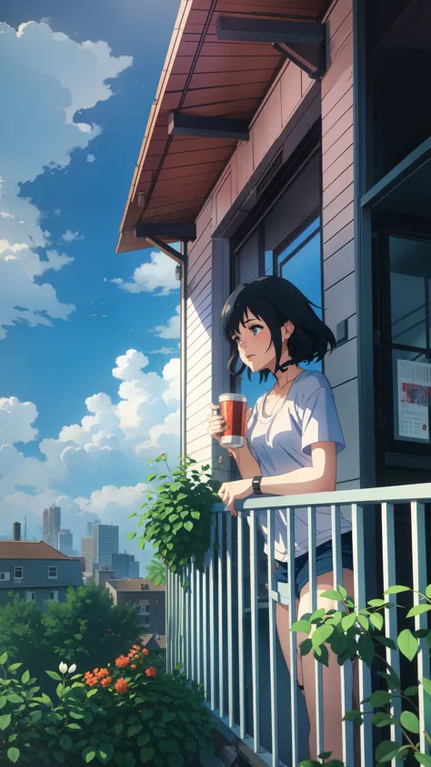 a girl standing on a balcony with a cup of coffee, cgsociety 9, chillhop, alena aenami and artgerm, makoto shinkai and artgerm, ...