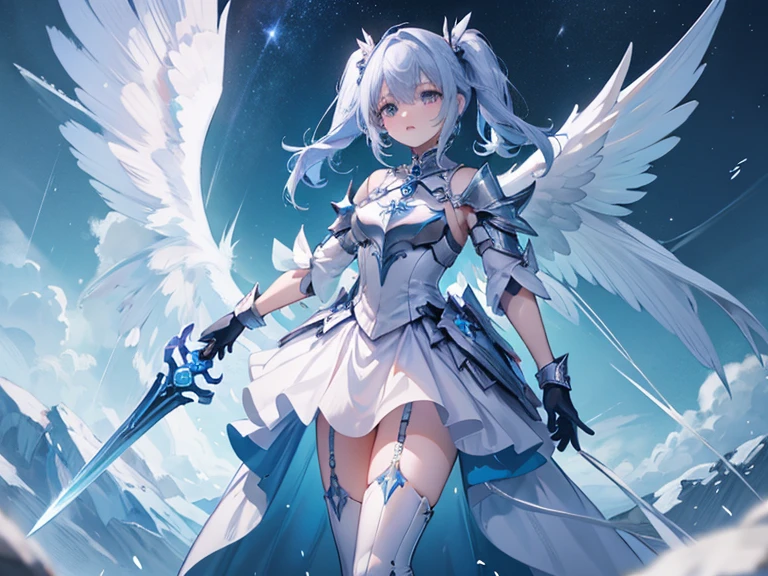 Anime character with angel wings and sword in a blue room, Angel in plastic armor, Angel Knight Girl, Final Fantasy 14 Style, Matte White Ice Color Armor, Mechanized Valkyrie Girl, As a mysterious Valkyrie, Silver ice-colored reflective armor, Gear Aurora Borealis, Shiny white armor, Mecha Wings, Clad in mystical battle armor, Twin tails Light purple_gloves