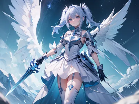 Anime character with angel wings and sword in a blue room, Angel in plastic armor, Angel Knight Girl, Final Fantasy 14 Style, Ma...