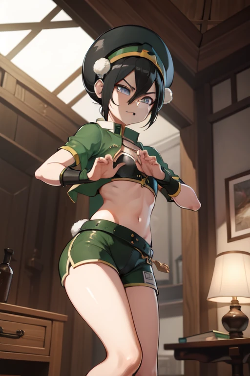 absurderes, high resolution, ultra detaild, Toph beifong , disappointed face , standing alone , branch jacket, clothes open,  Good , large breasted ,shorts , gazing at viewer , room . 