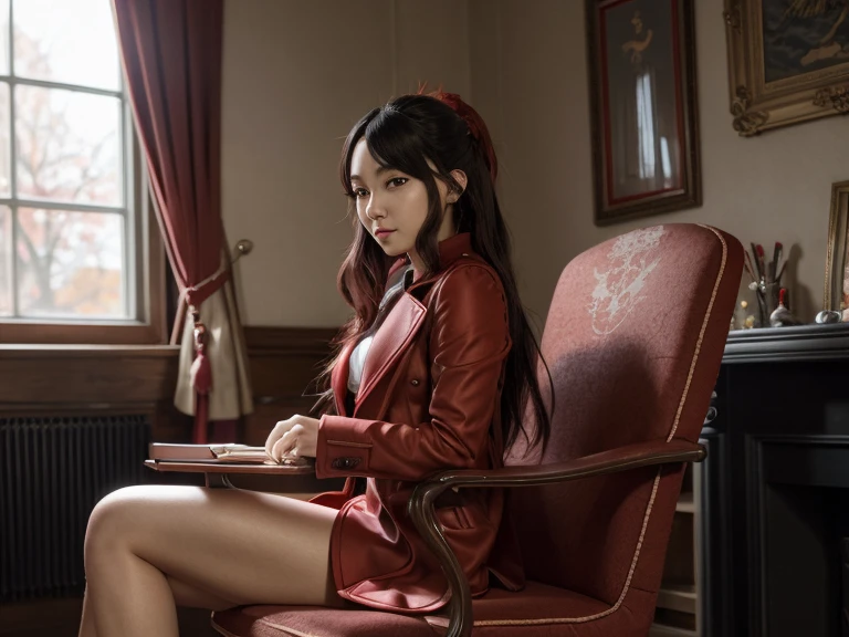 A woman in a red coat sitting on a chair with a dragon, popular on ArtStation Pixiv, detailed anime artwork, detailed digital anime art, complex gorgeous anime CGI style, guvez on pixiv art station, guvez on pixiv, anime fantasy illustration, detailed anime art, clean detailed anime art, detailed key anime art, red lip micro-open, nude