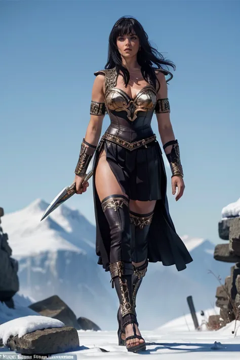 Xena, the Warrior Princess, walking through a cold, desolate landscape with death frost. She has incredibly long, beautiful, str...