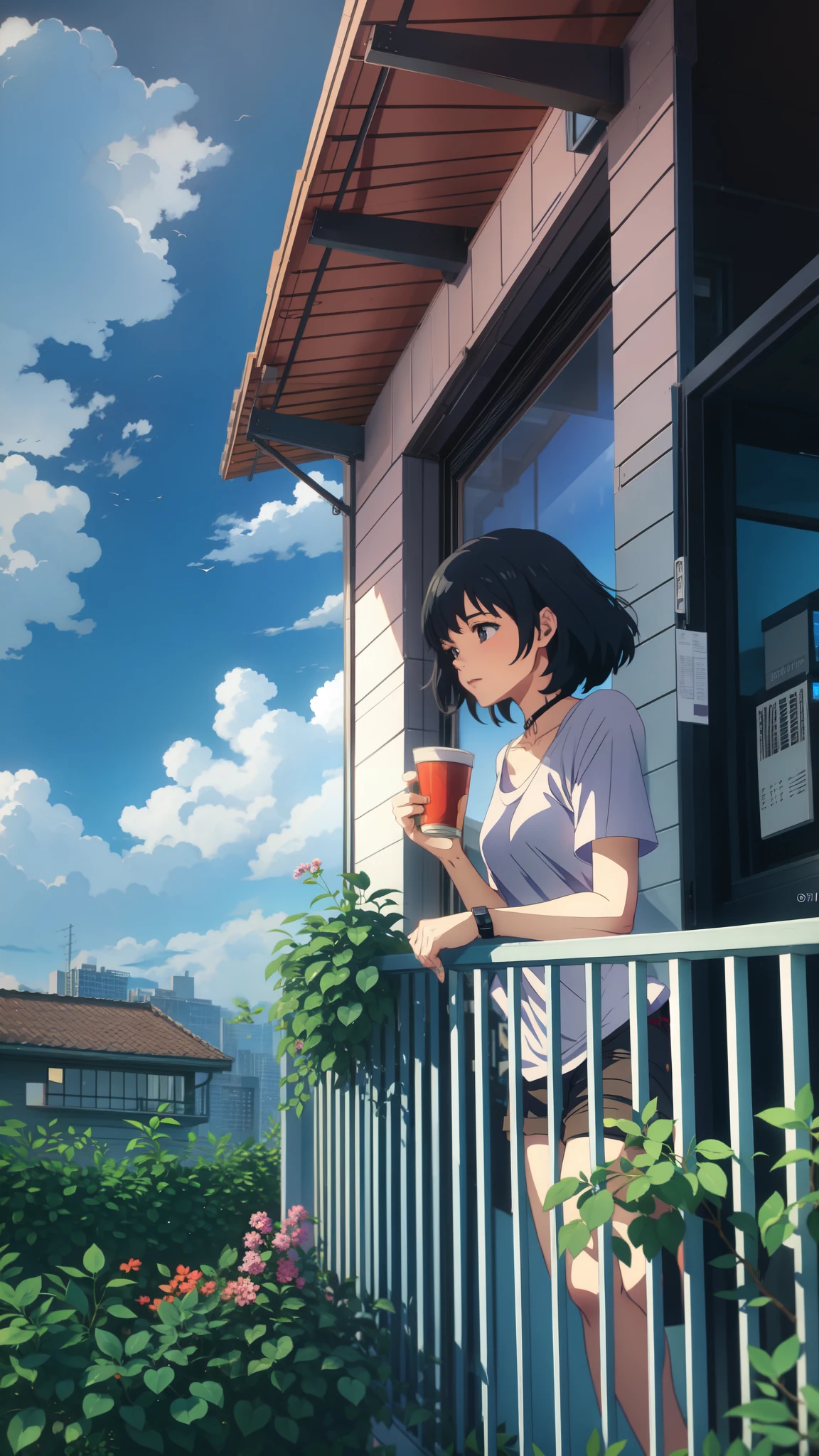 a girl standing on a balcony with a cup of coffee, cgsociety 9, chillhop, alena aenami and artgerm, makoto shinkai and artgerm, lofi girl aesthetic, anime scenery, makoto shinkai and (cain kuga), lofi aesthetic, anime landscape, anime nature, roof background, anime wallaper