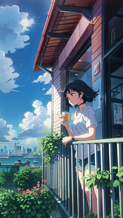 a girl standing on a balcony with a cup of coffee, cgsociety 9, chillhop, alena aenami and artgerm, makoto shinkai and artgerm, ...