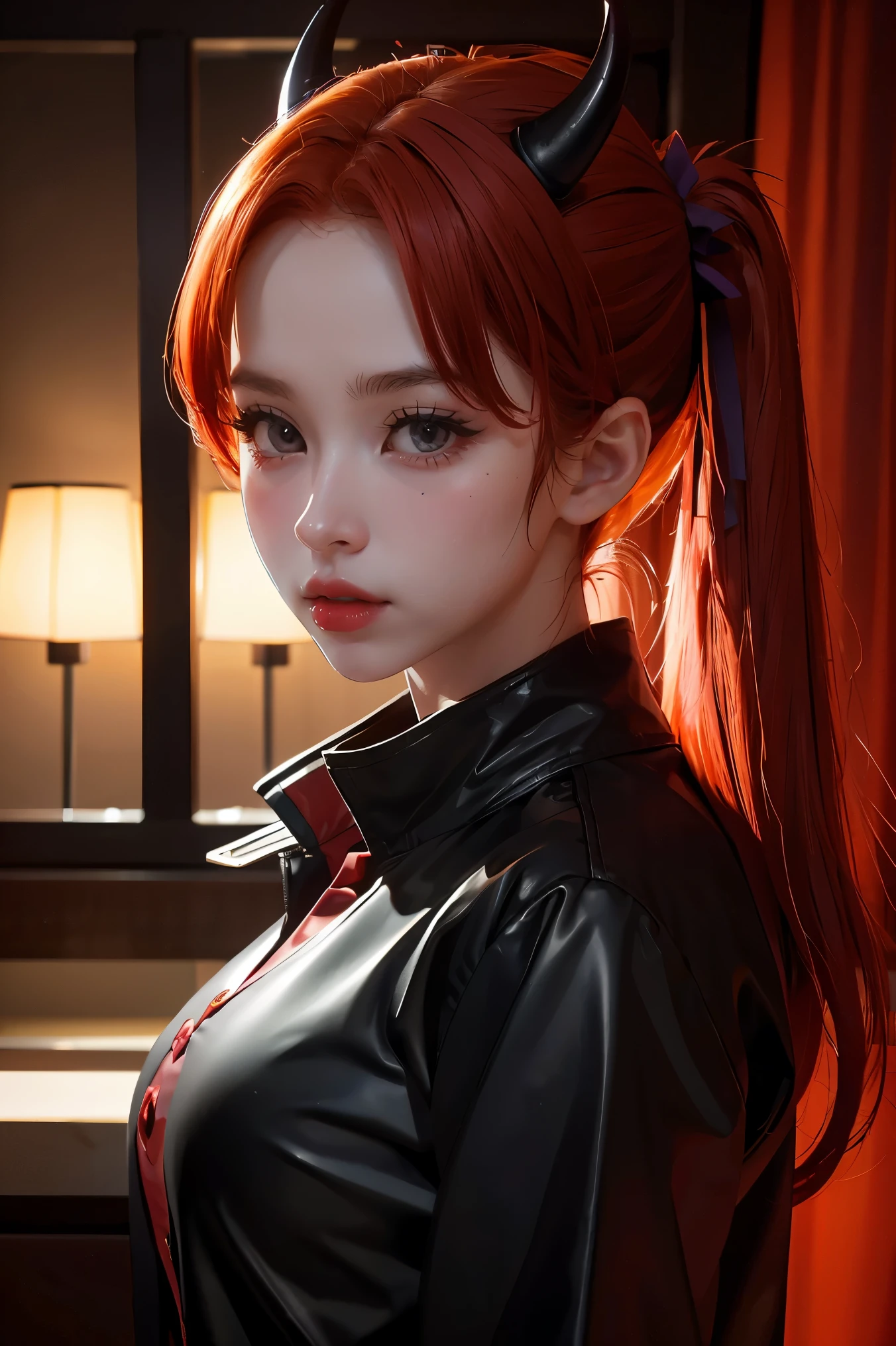 4k, 8k, masterpiece, best quality, upper body, 1girl, looking at viewer, red hair, medium hair, purple eyes, demon horns, black coat, indoors, dimly lit, the age of the actress is 23 years old, open bust