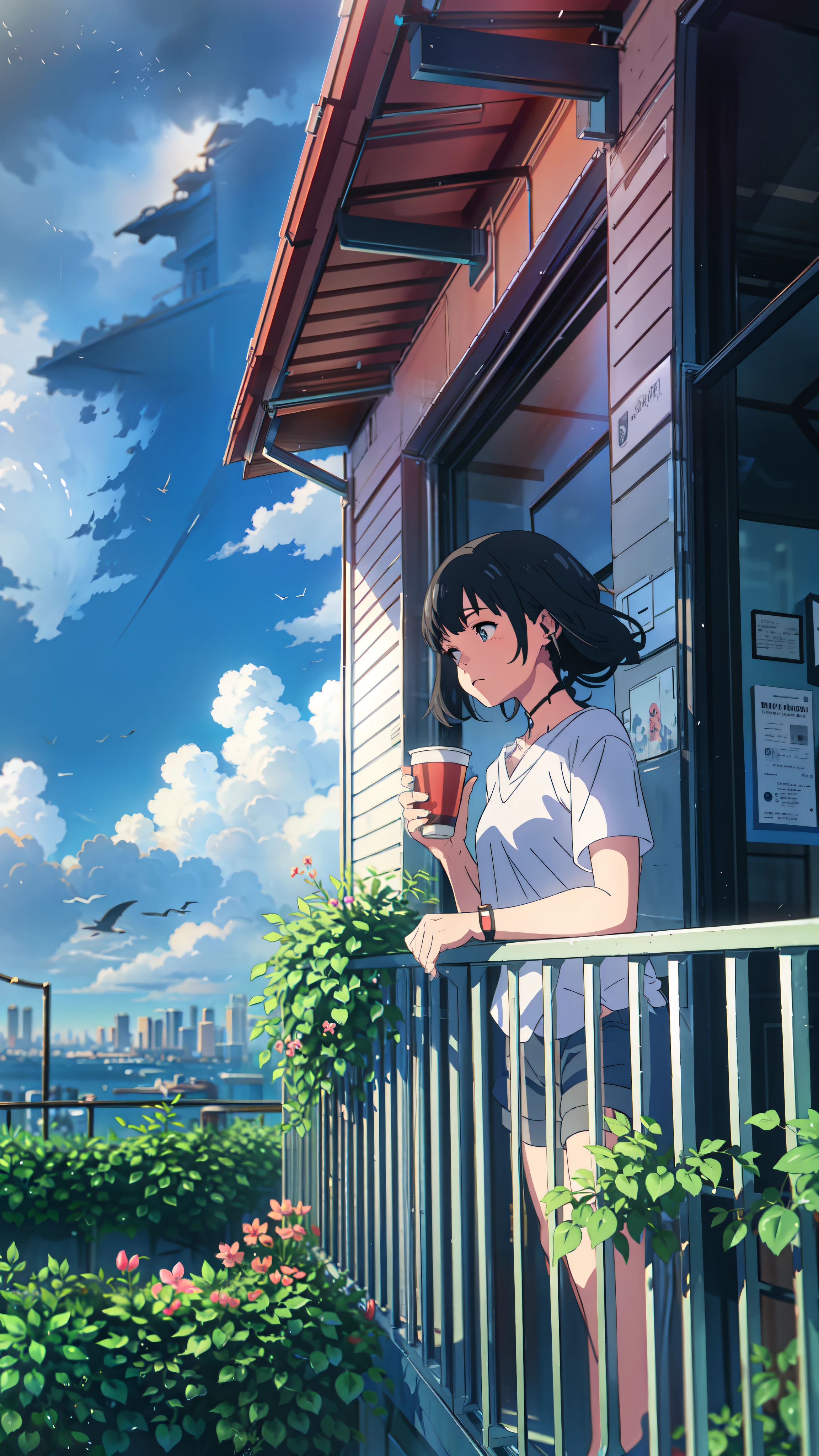 a girl standing on a balcony with a cup of coffee, cgsociety 9, chillhop, alena aenami and artgerm, makoto shinkai and artgerm, lofi girl aesthetic, anime scenery, makoto shinkai and (cain kuga), lofi aesthetic, anime landscape, anime nature, roof background, anime wallaper