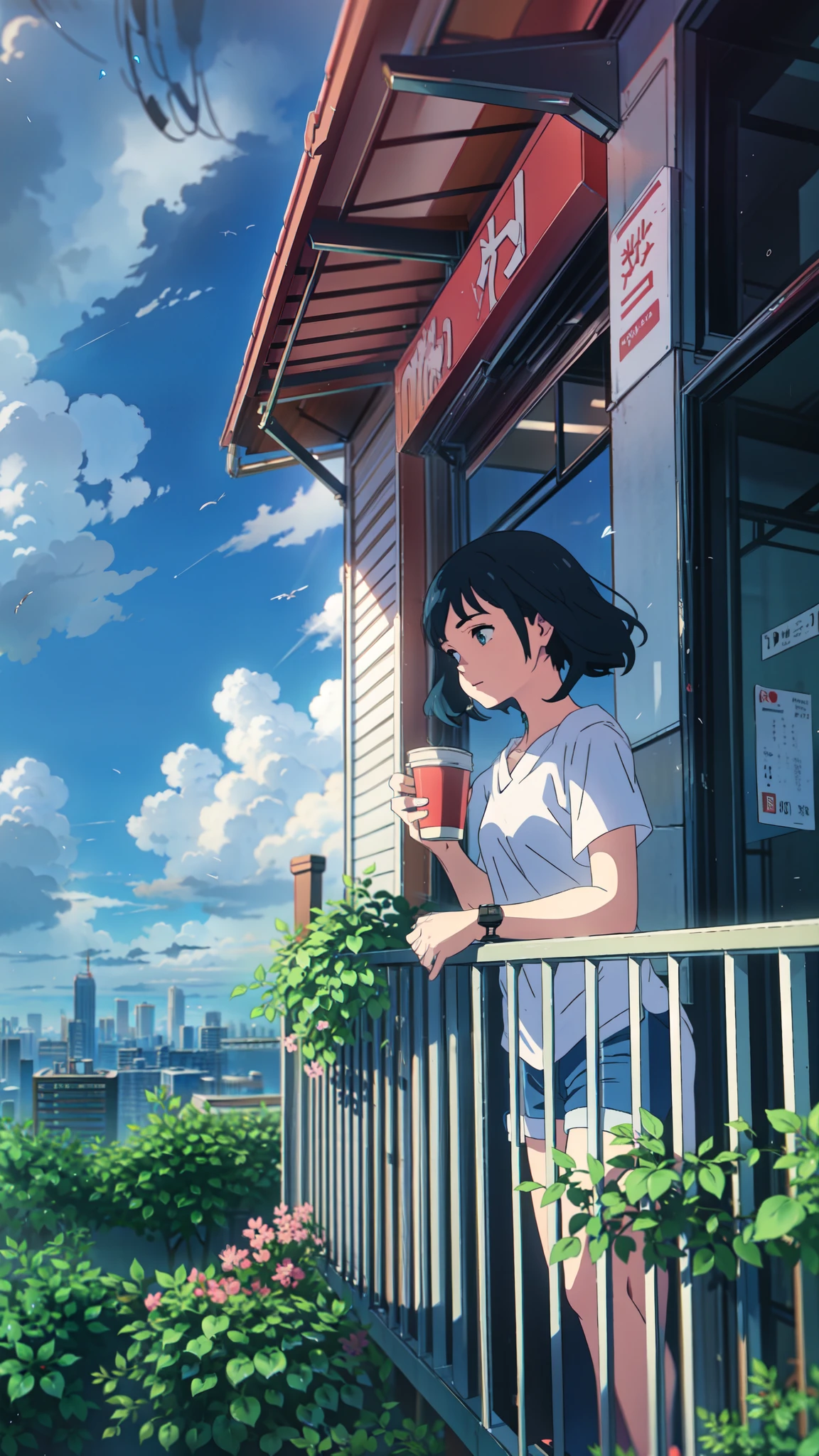 a girl standing on a balcony with a cup of coffee, cgsociety 9, chillhop, alena aenami and artgerm, makoto shinkai and artgerm, lofi girl aesthetic, anime scenery, makoto shinkai and (cain kuga), lofi aesthetic, anime landscape, anime nature, roof background, anime wallaper