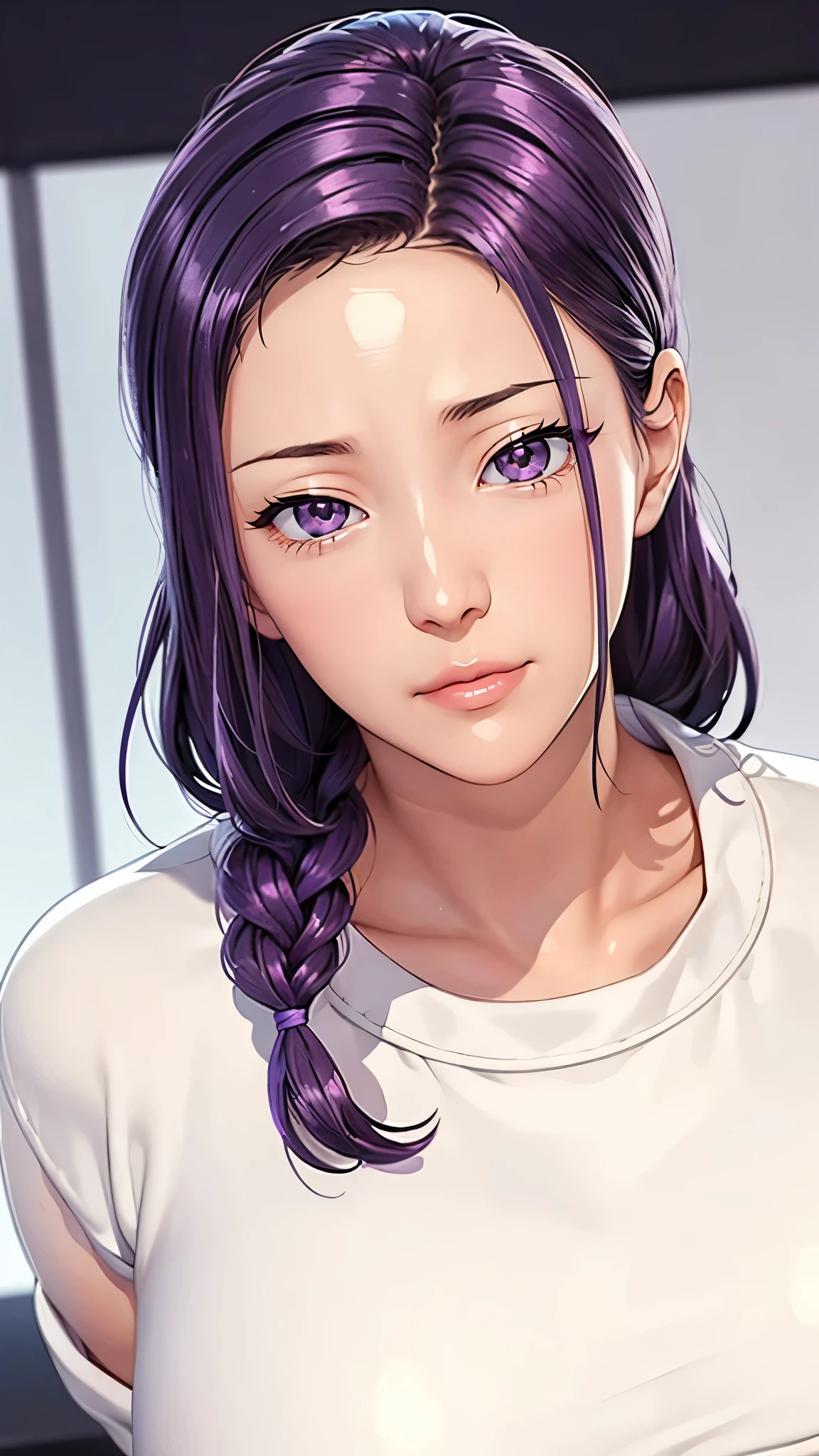 （（（完美figure，figure，solo， （（（White kimono,long sleeves, wide sleeves, ））），（（（purple hair, long hair, hair pulled back,parted lips,purple eyes, Single braid,））），((masterpiece)),high resolution, ((Best quality at best))，masterpiece，quality，Best quality，（（（ Exquisite facial features，Looking at the audience,There is light in the eyes，(（（lol，Happy，））），））），（（（Light and shadow，Huge breasts））），（（（Looking at the camera，White background，Sitting astride,Open your legs,)））