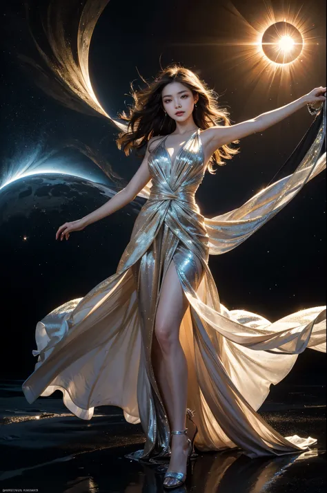 /I Liquid art, A beautiful woman using a gown in a dynamic pose against the background of a solar eclipse using an airbrush, ref...