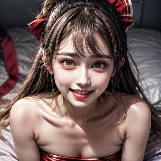 (Acutance:0.85),(Extremely Detailed:1.35, RAW photo-realistic:1.37), (closeup portrait), (1girl wearing Red tube-top dress), ((From above:2, Lay back down)), (presenting panties), Holding White panties with hands, Studio gray background, White bed, Red ribbon . (((NOGIZAKA face)))  Extremely Detailed KAWAII face variations, perfect anatomy, captivating gaze, elaborate detailed Eyes with (sparkling highlights:1.2), long eyelashes、Glossy RED Lips with beautiful details, Coquettish tongue, Rosy cheeks . { (Dynamic joyful expressions) | :d) } . Radiant natural skin with clear transparency, (looking at camera), 