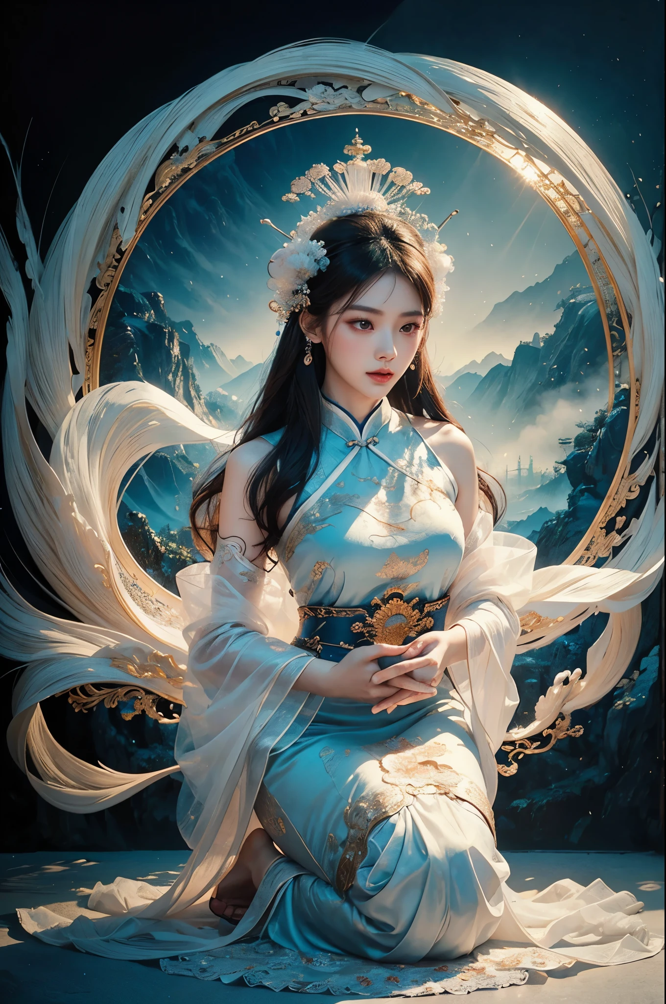 /I Chinese beauty, full body portrait, delicate face with beautiful eyes and high nose bridge, wearing white Hanfu, hands clasped in prayer, background is Chinese dragon palace, flowing tulle fabric, misty environment, fantasy style artwork, meticulous brushwork, exquisite details, and high definition quality,,in --ar 3:4