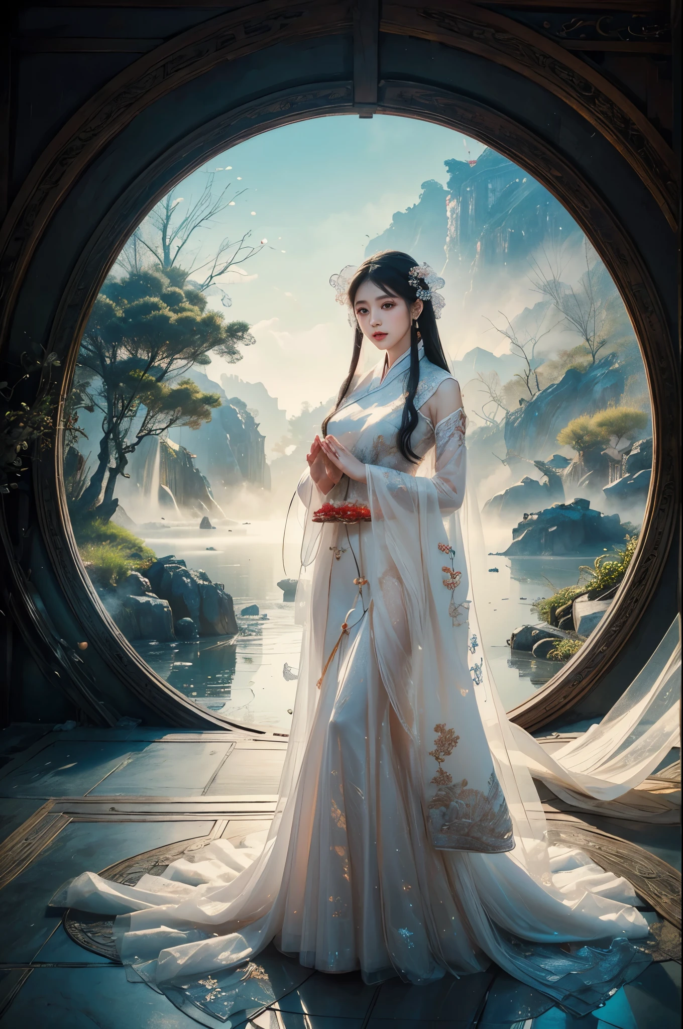 /I Chinese beauty, full body portrait, delicate face with beautiful eyes and high nose bridge, wearing white Hanfu, hands clasped in prayer, background is Chinese dragon palace, flowing tulle fabric, misty environment, fantasy style artwork, meticulous brushwork, exquisite details, and high definition quality,,in --ar 3:4