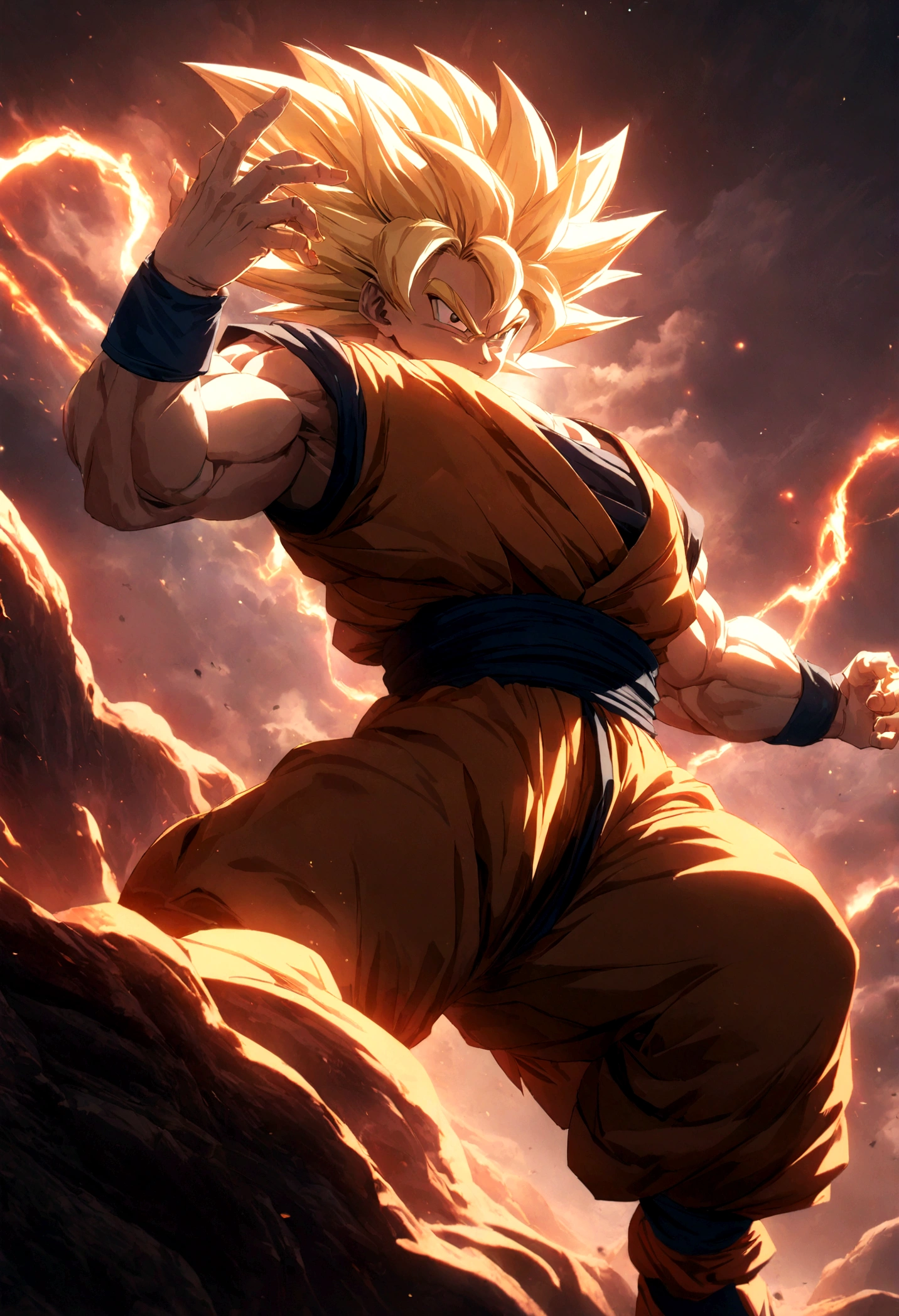 1 super saiyan son goku, goku in super saiyan form, perfect anime style, cosmic energy, detailed face, muscular body, dynamic pose, glowing golden aura, dramatic lighting, cinematic composition, vibrant colors, digital art, 8k, highly detailed, masterpiece