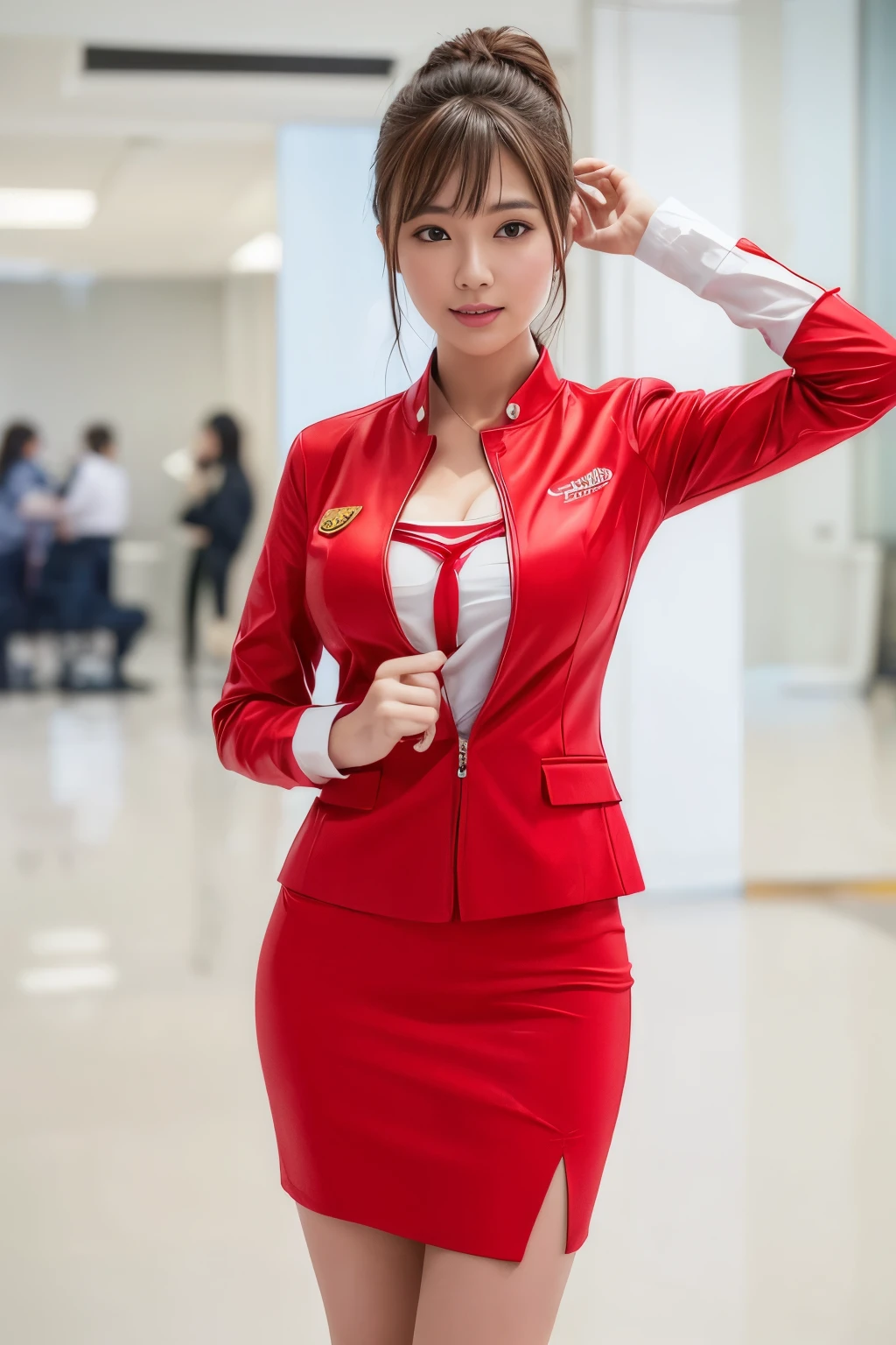 (masterpiece:1.2, highest quality:1.2), 32K HDR, High resolution, (alone、1 girl)、（On board、Professional Lighting）、Background on board、（Realistic style with AirAsia flight attendant uniforms）、（AirAsia uniform unzipped red jacket、AirAsia uniform long sleeve red jacket、AirAsia uniform red mini tight skirt、AirAsia uniform white shirt unbuttoned）、Big Breasts、（AirAsia&#39;s Big Breasts Showing Through Shirt Cleavage）、Dark brown hair、（Long Hair Up、Hair Bun）、Dark brown hair、Long Shot、（（Fine hand：2.0）），（（Harmonious body proportions：1.5）），（（Normal limbs：2.0）），（（Normal finger：2.0）），（（Delicate eyes：2.0）），（（Normal eyes：2.0））)、Luxury Necklace、Beautiful standing posture,Place your hands around your stomach