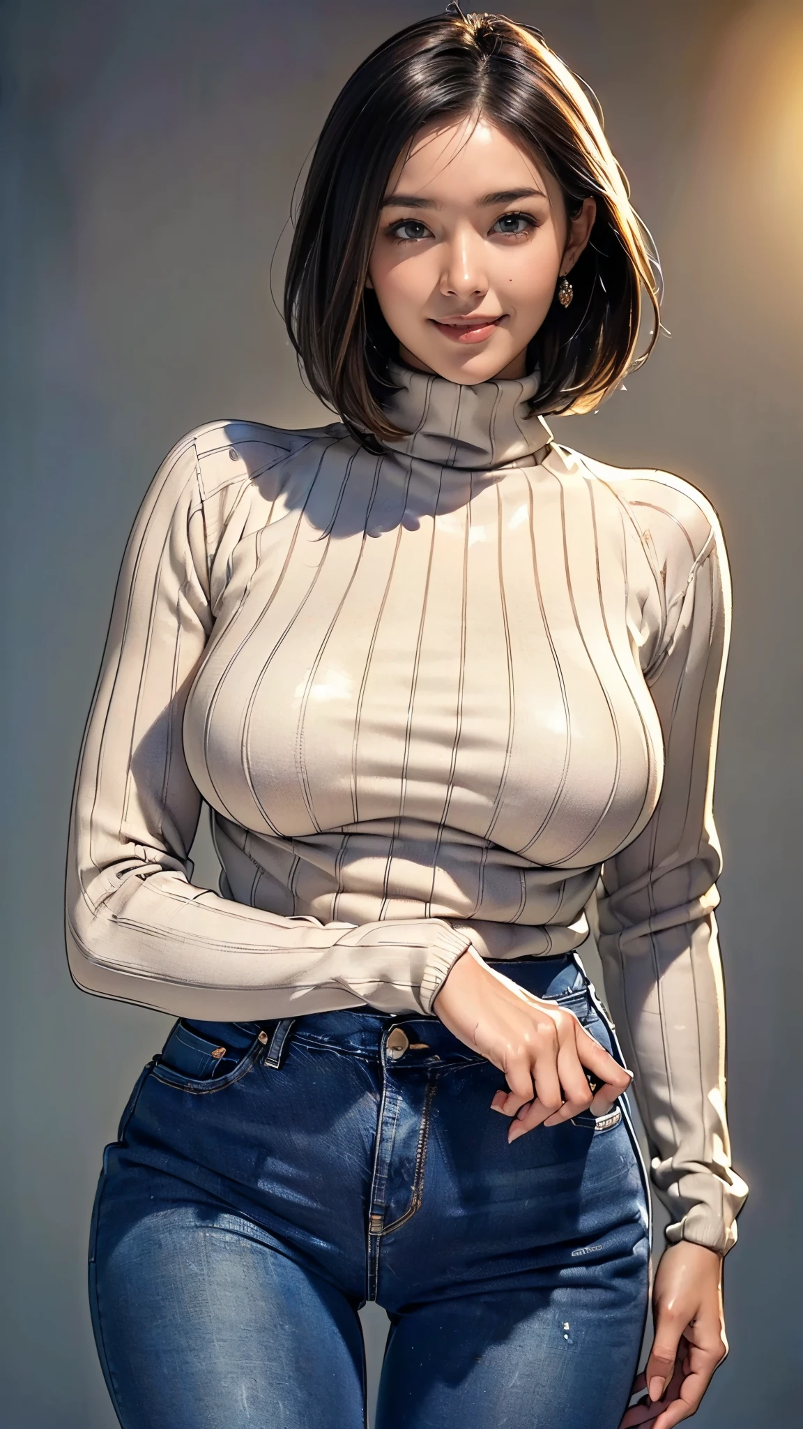 (1 girl:1.5),(50 years old:1.5),(Detailed body:1.4),(Beautiful Skin:1.4),(Japanese:1.5),((Turtleneck sweater that fits the body:1.5)),(No bra:1.2),((Wearing jeans:1.5)),(front:1.5),BREAK(Looking at me:1.5),((Fine skin:1.4)),(Shiny skin:1.5),(Beautiful Face:1.5),(Detailed hand drawing:1.3),(Beautiful female hands:1.3),(smile:1.5),(short hair),BREAK(Big Breasts:1.5),(Blurred Background:1.5),(Very sensual:1.5),(sexy:1.5),((Thick thighs:1.5)),(Beautiful body:1.5),((Very sensual:1.5)),BREAK(((masterpiece:1.5),(highest quality:1.5),(Very detailed:1.5),(High resolution:1.5),(Realistic:1.5),(Realistic:1.5),(Delicate depiction),(Careful depiction))),8k,wallpaper