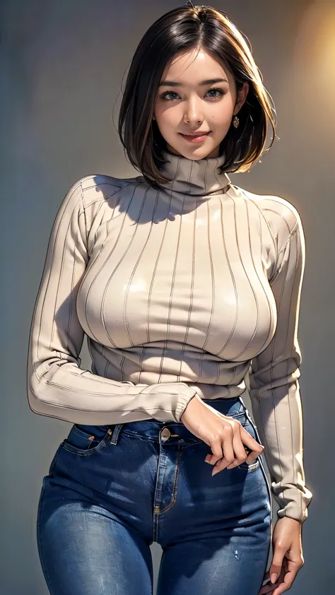 (1 girl:1.5),(50 years old:1.5),(Detailed body:1.4),(Beautiful Skin:1.4),(Japanese:1.5),((Turtleneck sweater that fits the body:...