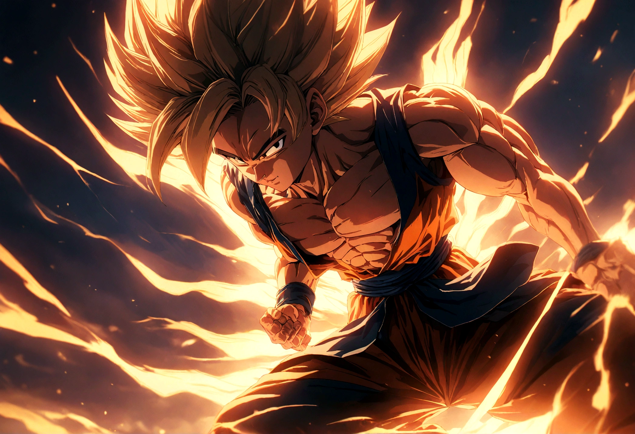 1 super saiyan son goku, goku in super saiyan form, perfect anime style, cosmic energy, detailed face, muscular body, dynamic pose, glowing golden aura, dramatic lighting, cinematic composition, vibrant colors, digital art, 8k, highly detailed, masterpiece